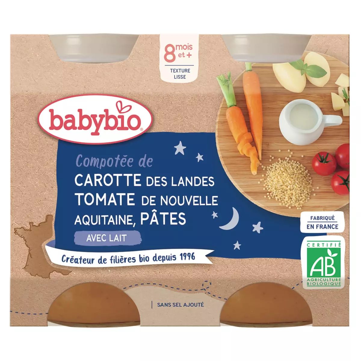 BABYBIO Petit pot compotée de carotte tomate et pâtes avec lait dès 8 mois 2x200g