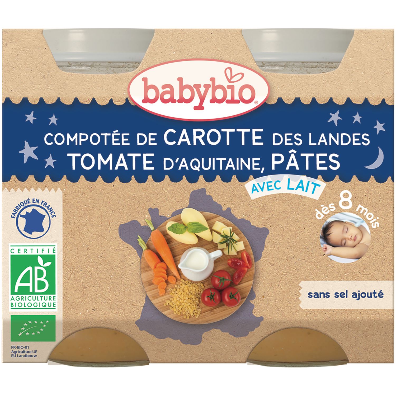 Voir la diapositive 2 : BABYBIO Petit pot compotée de carotte tomate et pâtes bio avec lait dès 8 mois 2x200g