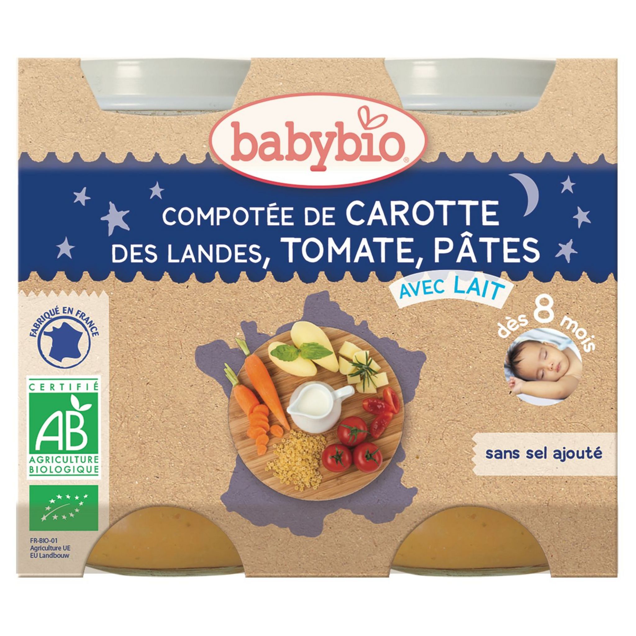 Voir la diapositive 4 : BABYBIO Petit pot compotée de carotte tomate et pâtes bio avec lait dès 8 mois 2x200g
