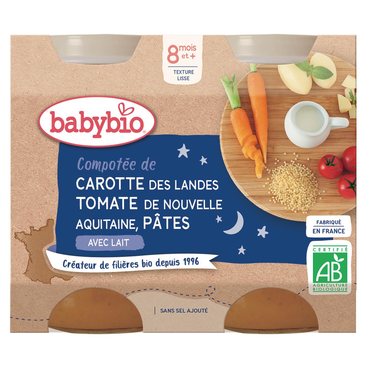 BABYBIO Petit pot compotée de carotte tomate et pâtes bio avec lait dès 8 mois 2x200g