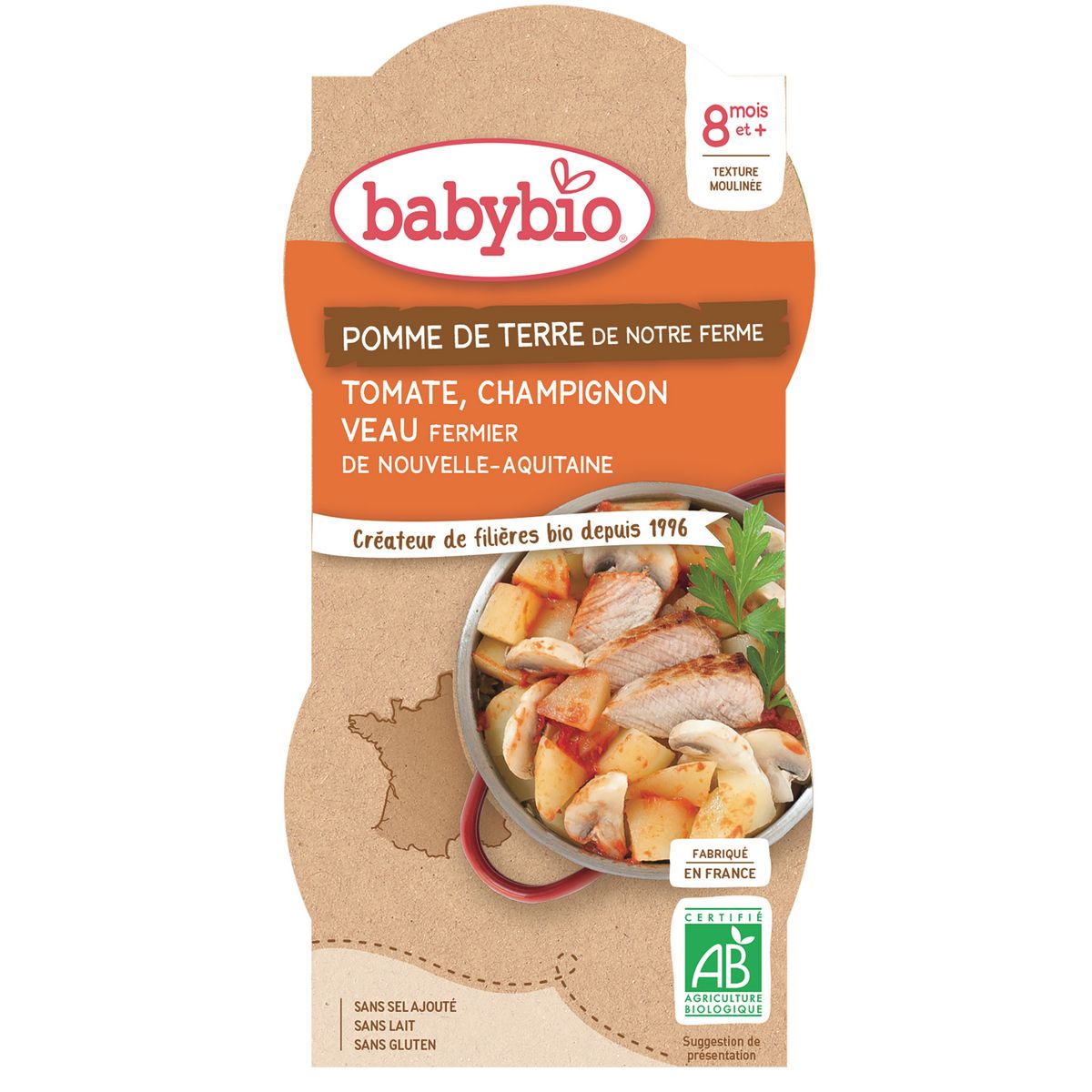 BABYBIO Bol pomme de terre tomate champignon veau bio dès 8 mois 2x200g