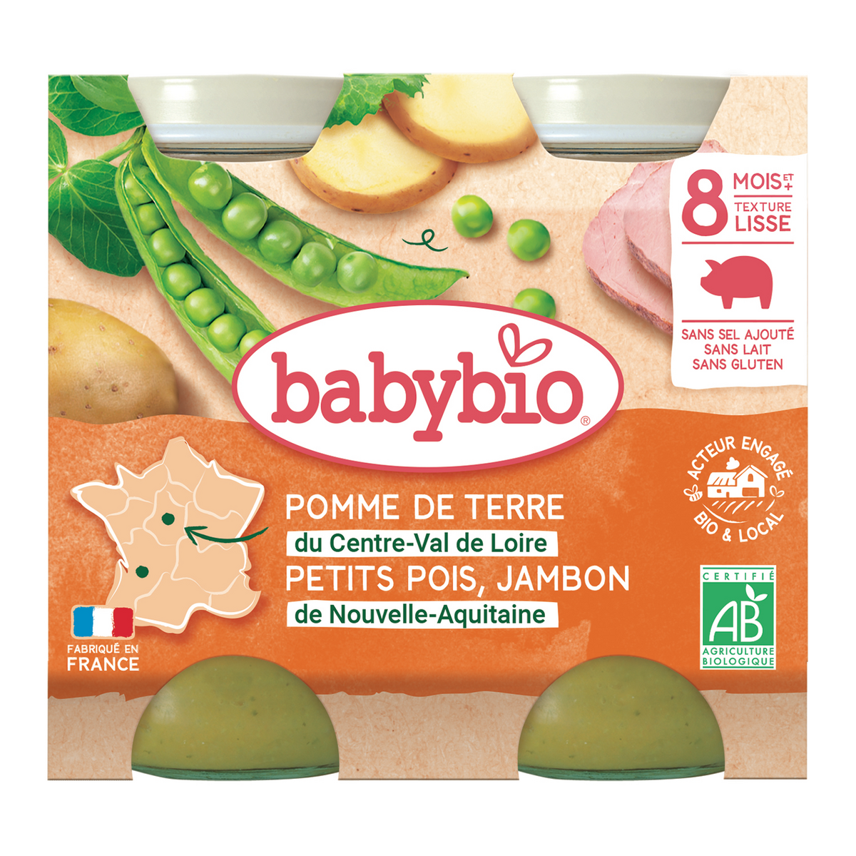 BABYBIO Petit pot pomme de terre petits pois jambon bio dès 8 mois 2x200g