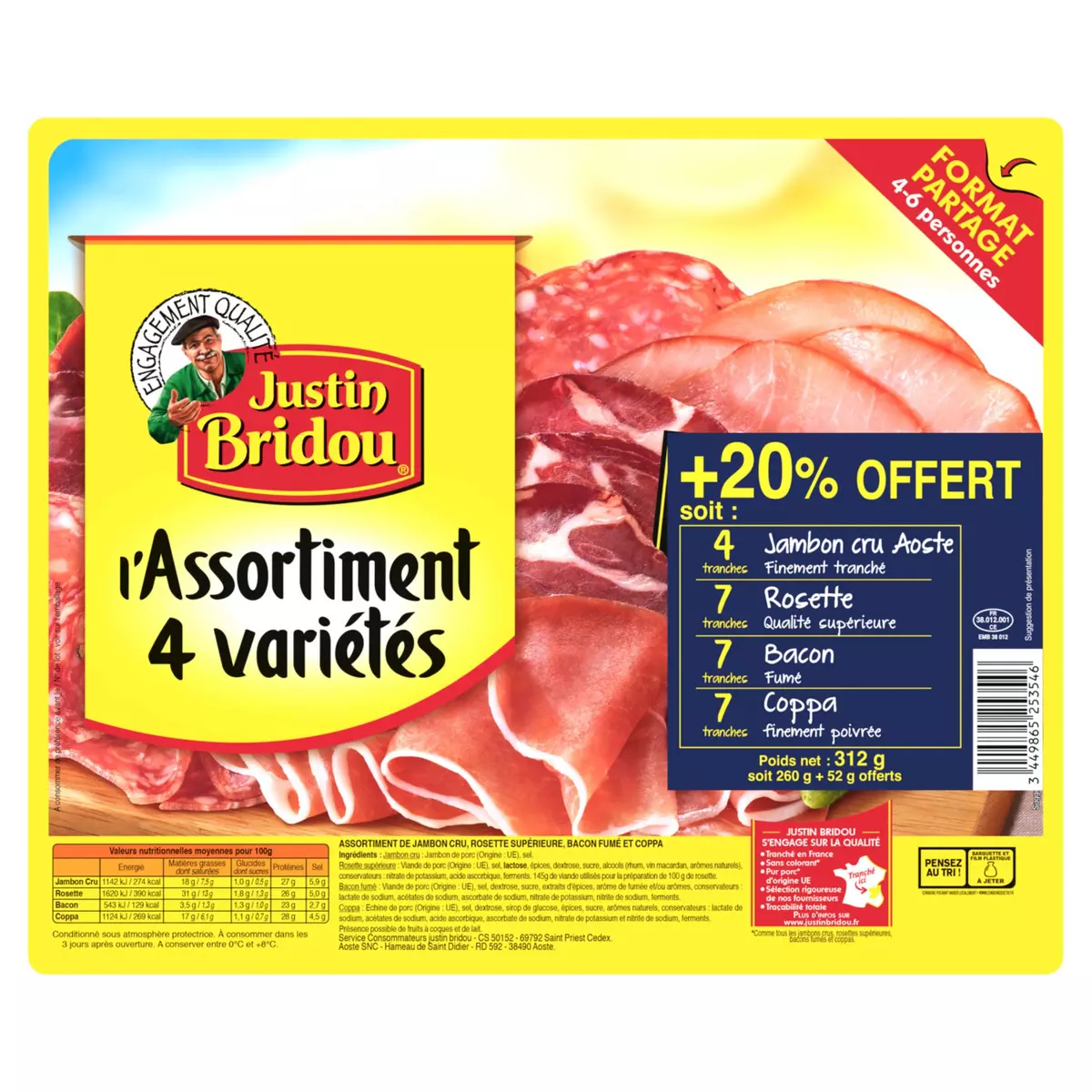JUSTIN BRIDOU L'Assortiment de 4 variétés jambon cru rosette bacon coppa 4-6 personnes 312g