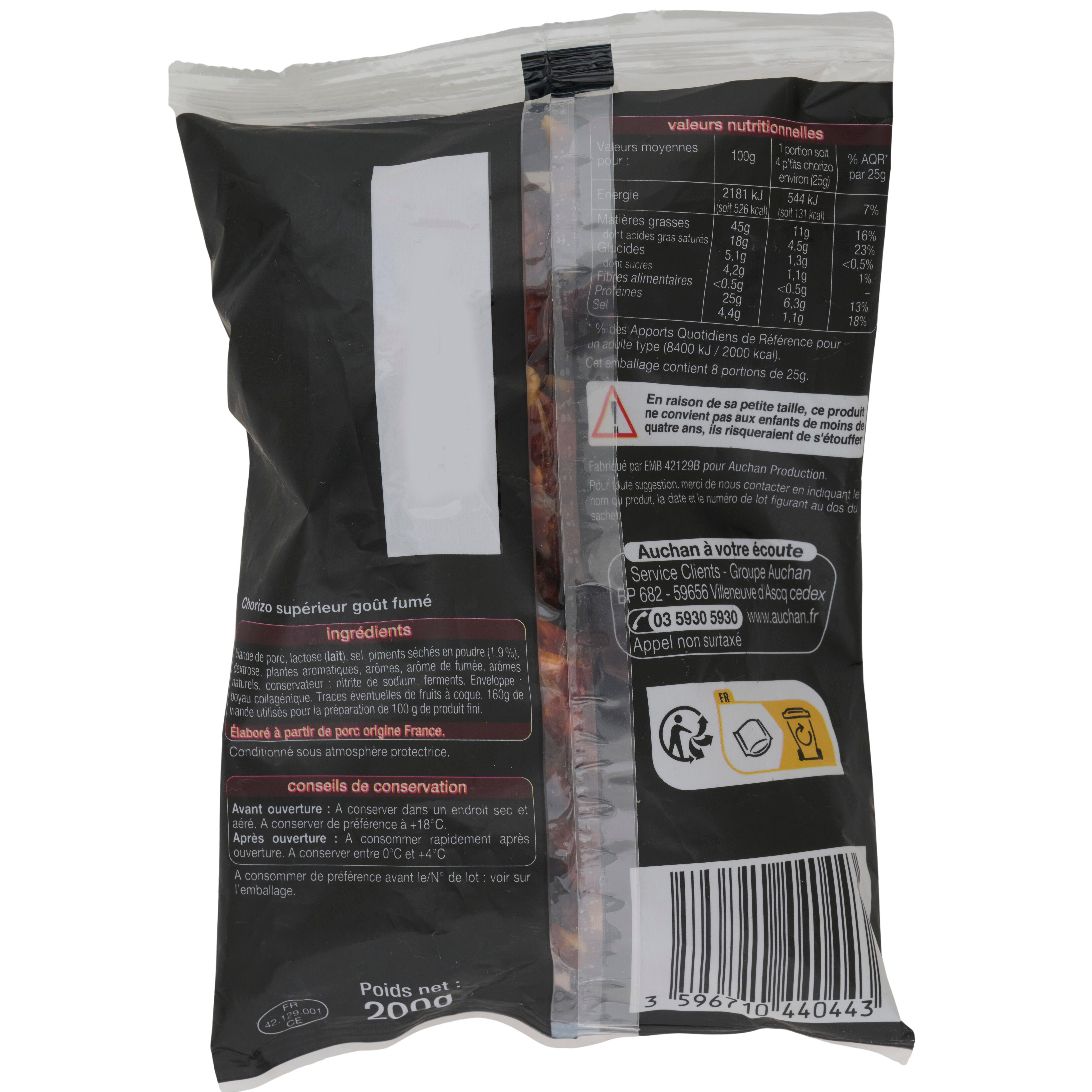 Voir la diapositive 3 : AUCHAN P'tits Chorizos fort 30 pièces 200g