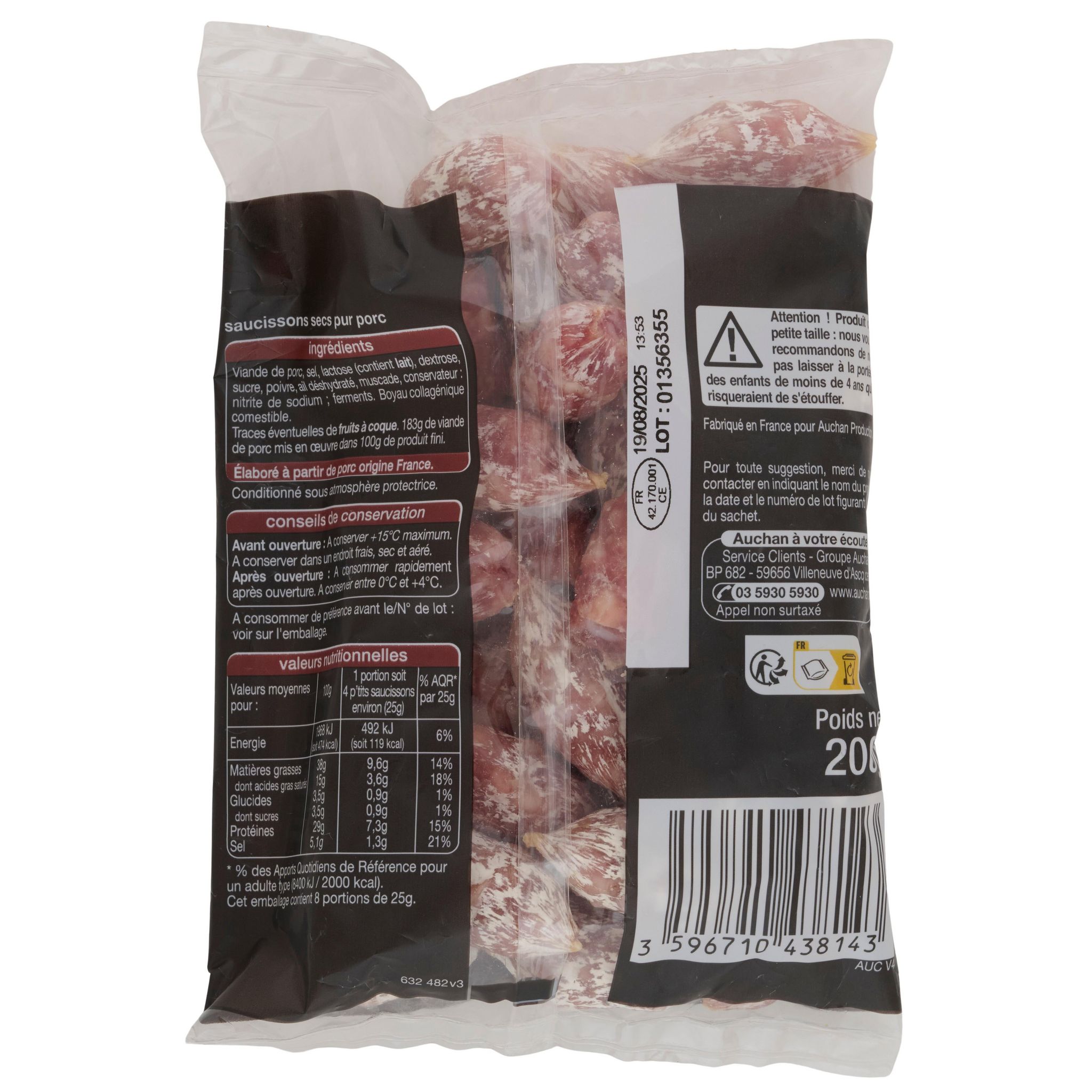 Voir la diapositive 2 : AUCHAN Mini saucissons secs 30 pièces 200g