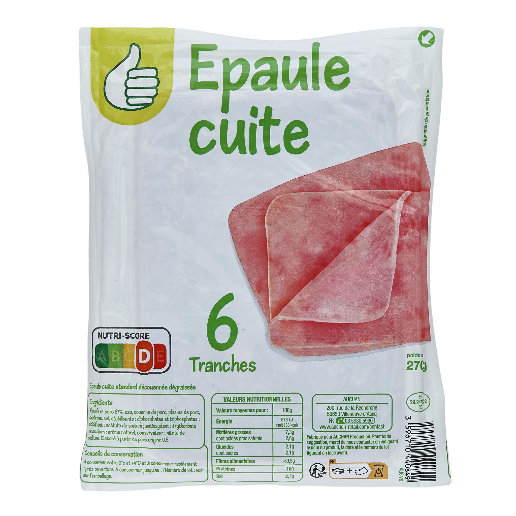 Voir la diapositive 2 : POUCE Epaule cuite standard découennée dégraissée 6 tranches 270g