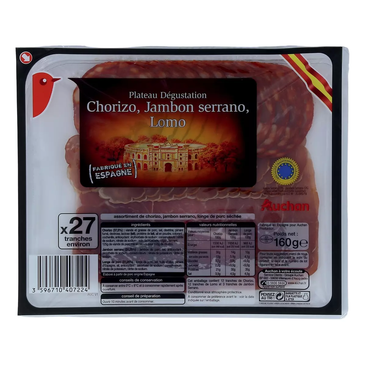 AUCHAN Plateau dégustation chorizo jambon cru lomo 27 tranches 160g