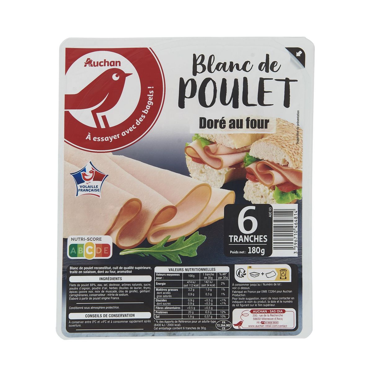 AUCHAN Blanc de poulet 6 tranches 180g
