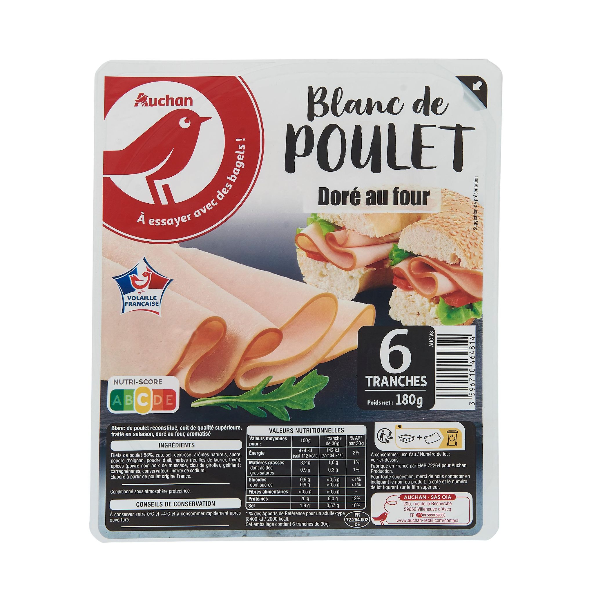 Voir la diapositive 2 : AUCHAN Blanc de poulet 6 tranches 180g