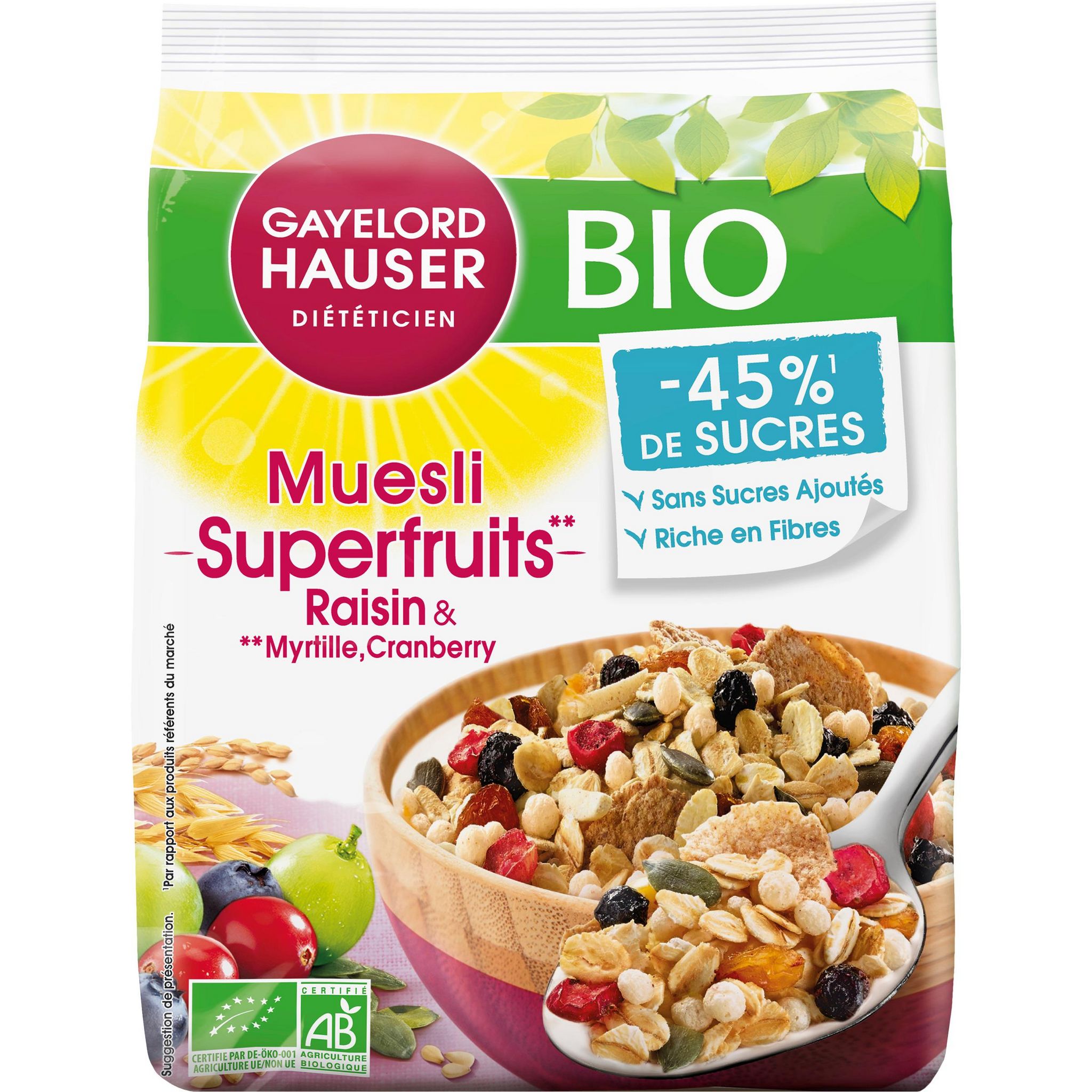 Voir la diapositive 2 : GAYELORD HAUSER Muesli superfruits aux raisins myrtilles et cranberries bio réduit en sucres 350g