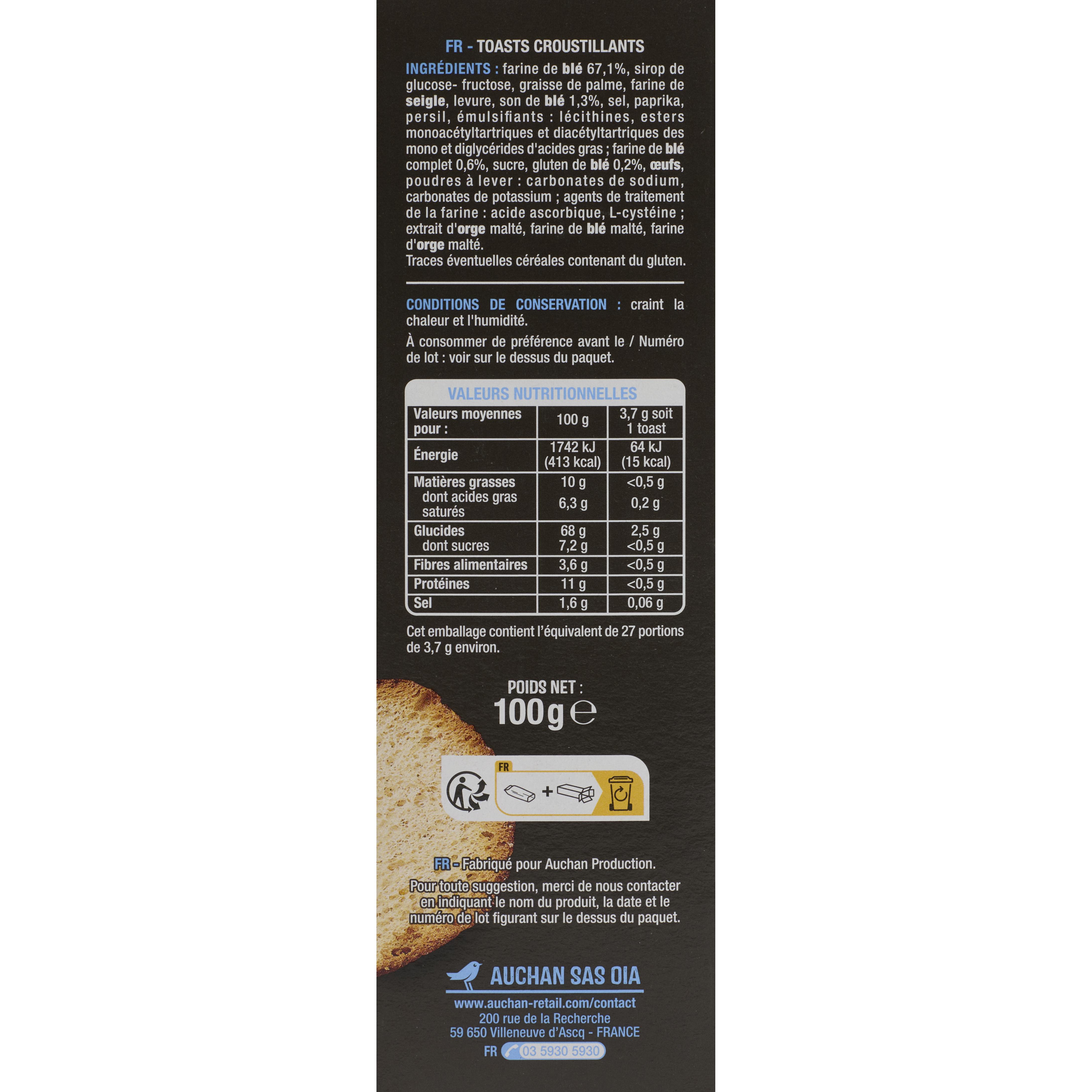 Voir la diapositive 4 : AUCHAN Toasts ronds nature 27 toasts 100g
