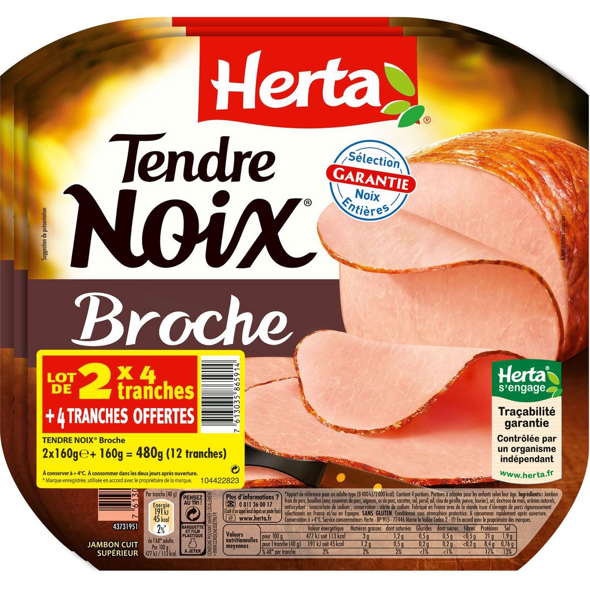 HERTA Tendre noix à la broche 2x4tranches +1 offerte 480g 2x4 tranches 480g
