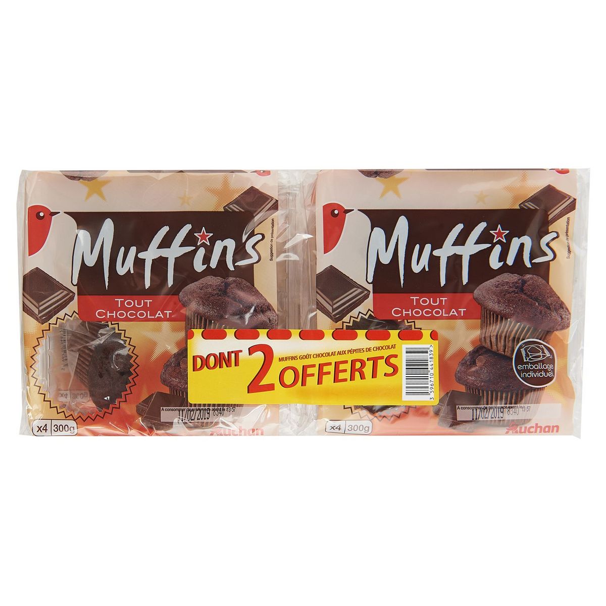 AUCHAN Muffins tout chocolat 8 pièces dont 2 offertes 2x300g