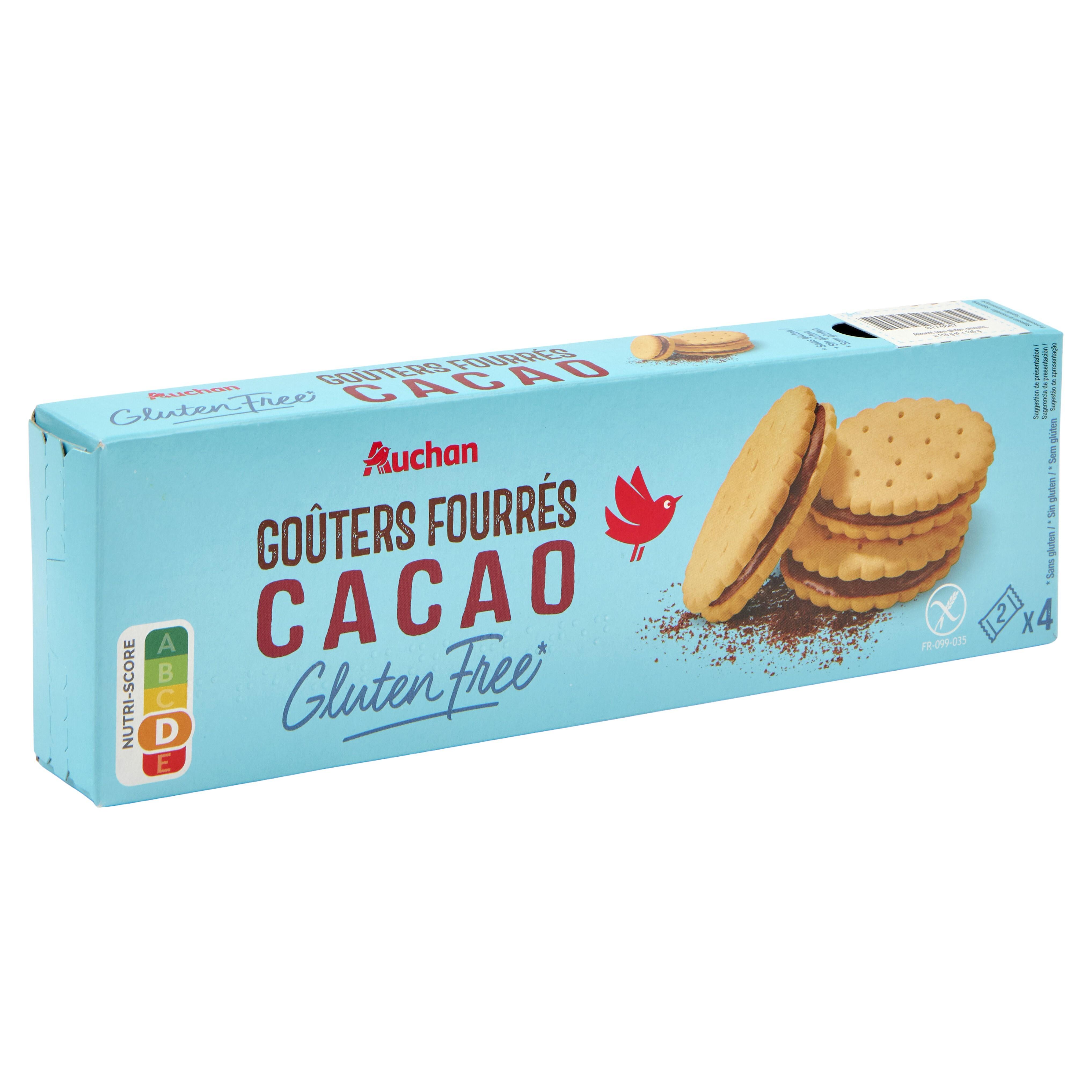 Voir la diapositive 2 : AUCHAN Goûter fourrés cacao sans gluten pochon 8 biscuits 120g