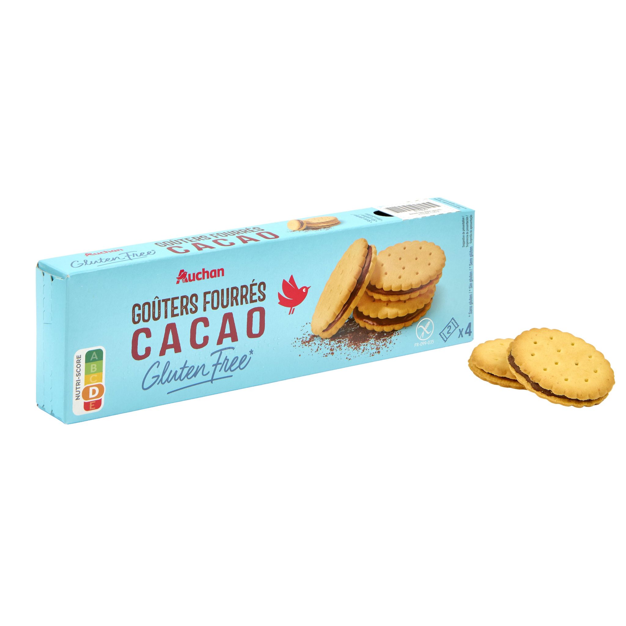 Voir la diapositive 3 : AUCHAN Goûter fourrés cacao sans gluten pochon 8 biscuits 120g