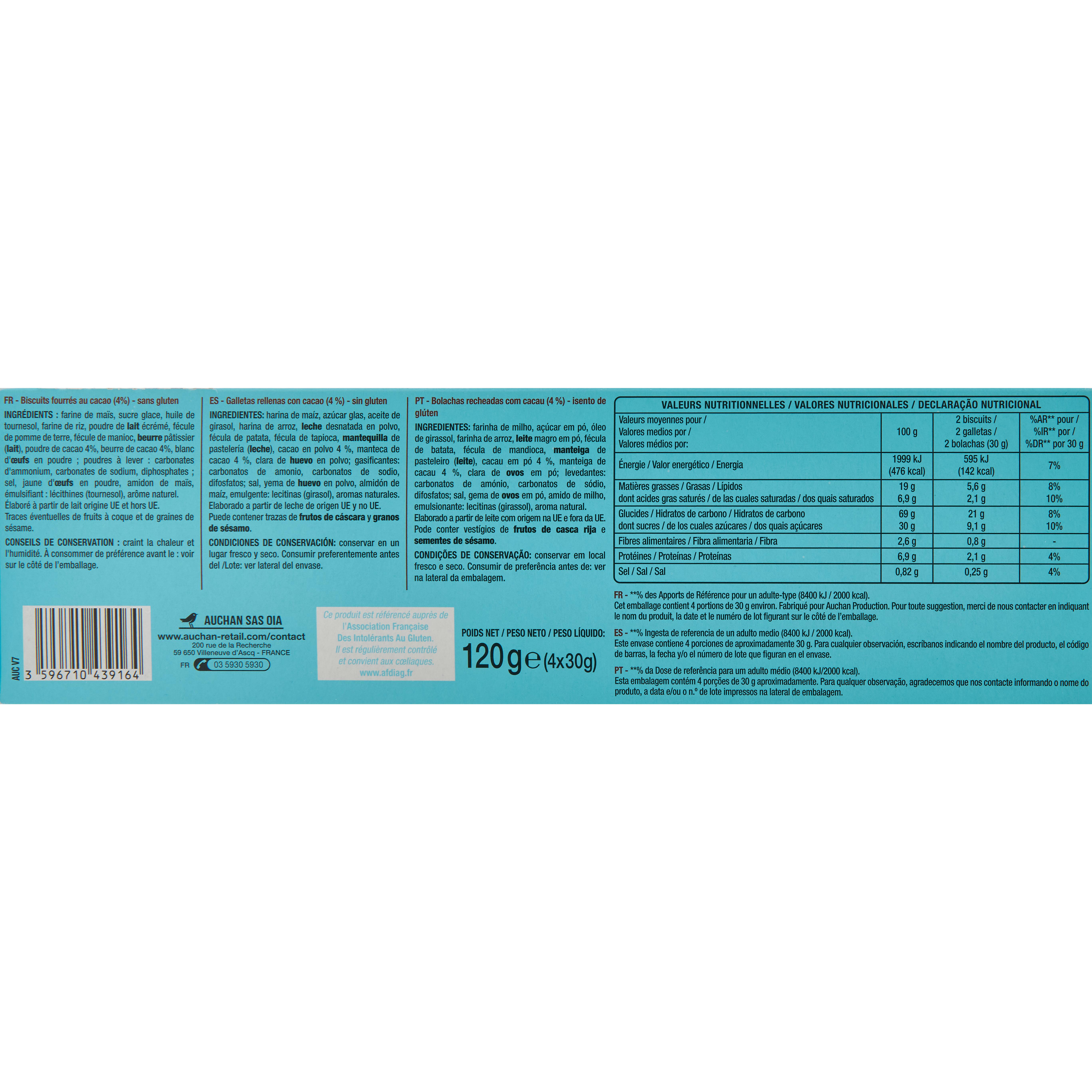 Voir la diapositive 4 : AUCHAN Goûter fourrés cacao sans gluten pochon 8 biscuits 120g