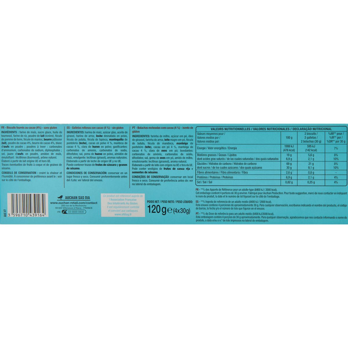 AUCHAN Goûter fourrés cacao sans gluten pochon 8 biscuits 120g