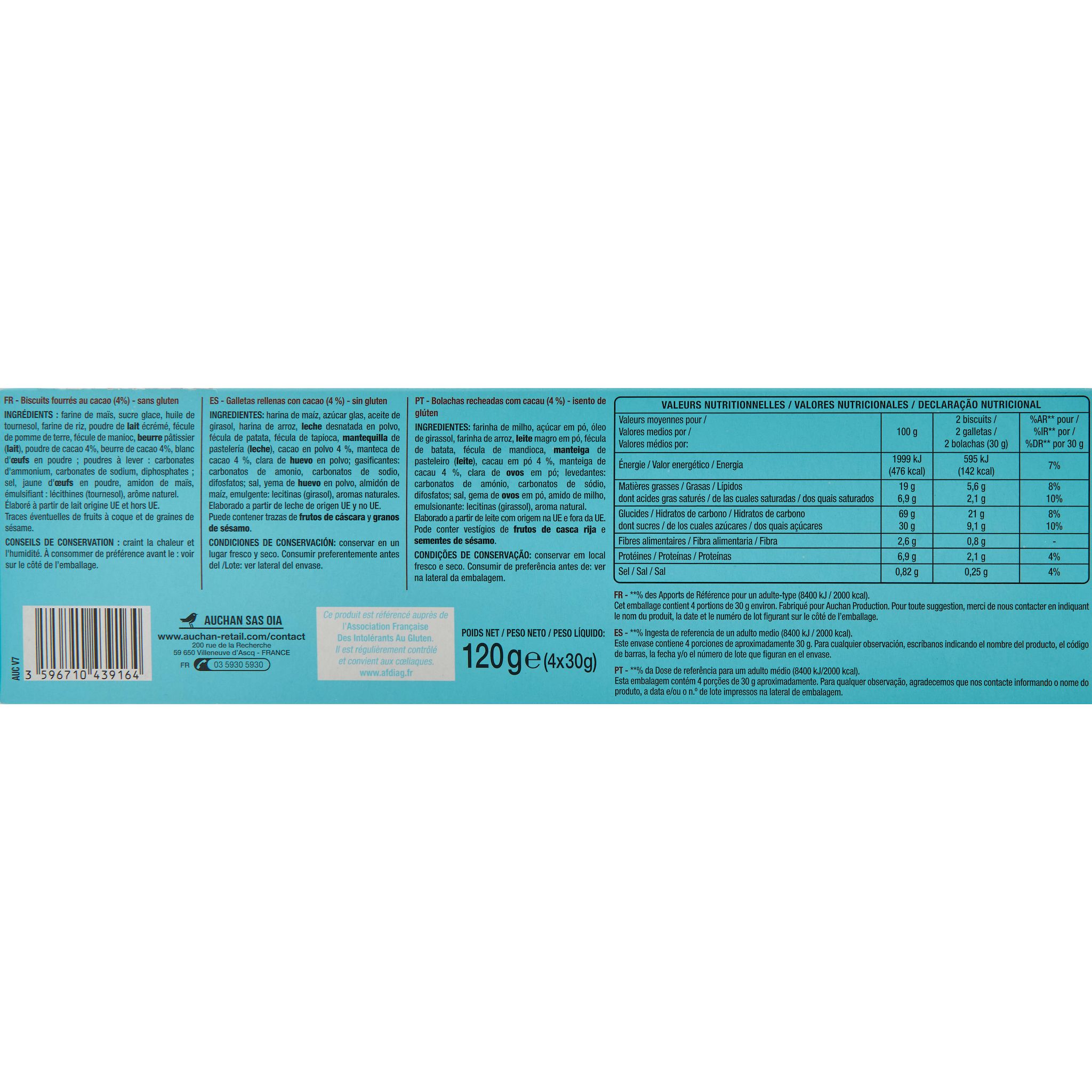 Voir la diapositive 4 : AUCHAN Goûter fourrés cacao sans gluten pochon 8 biscuits 120g