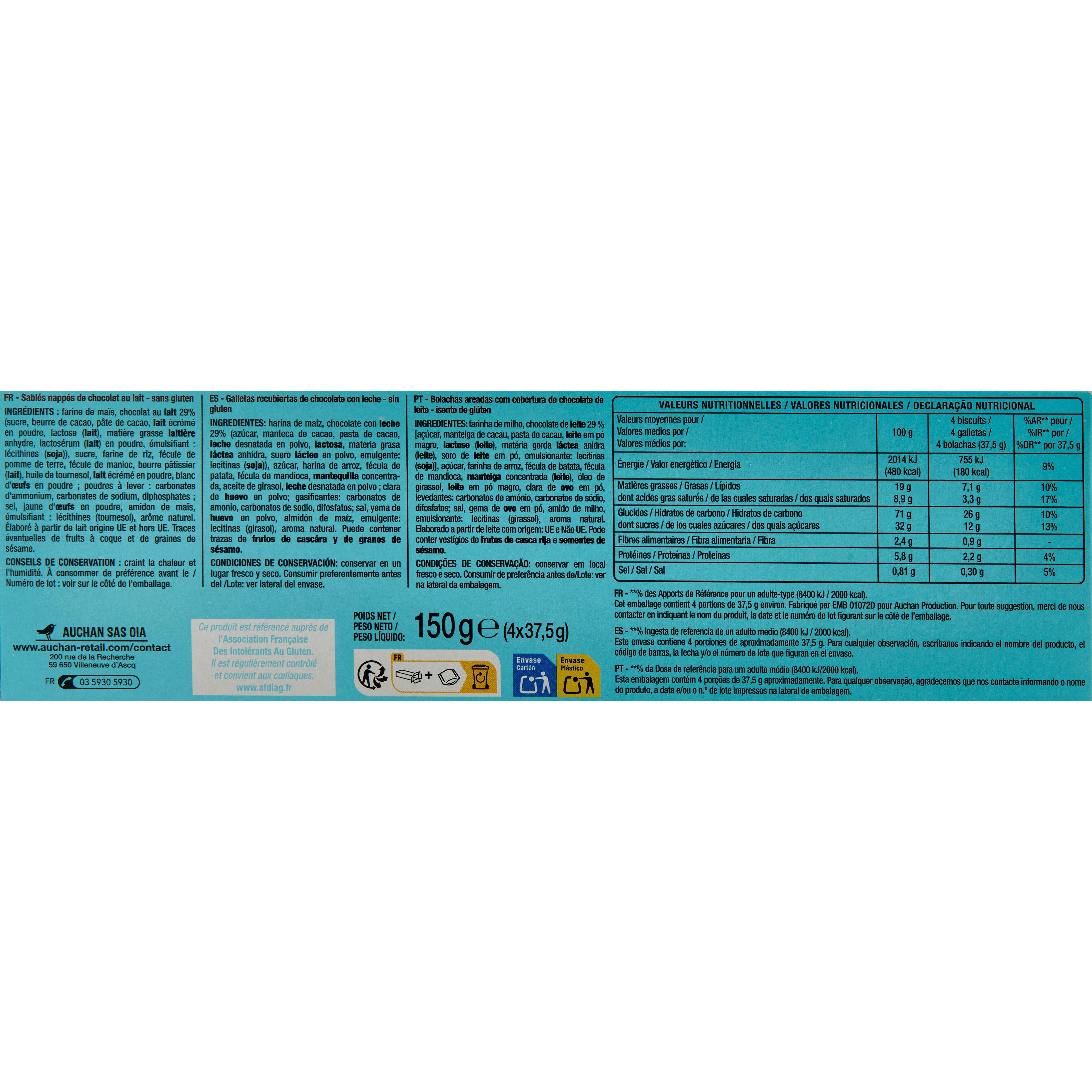 Voir la diapositive 3 : AUCHAN Biscuits sablés nappés chocolat au lait sans gluten 4x4 biscuits 150g