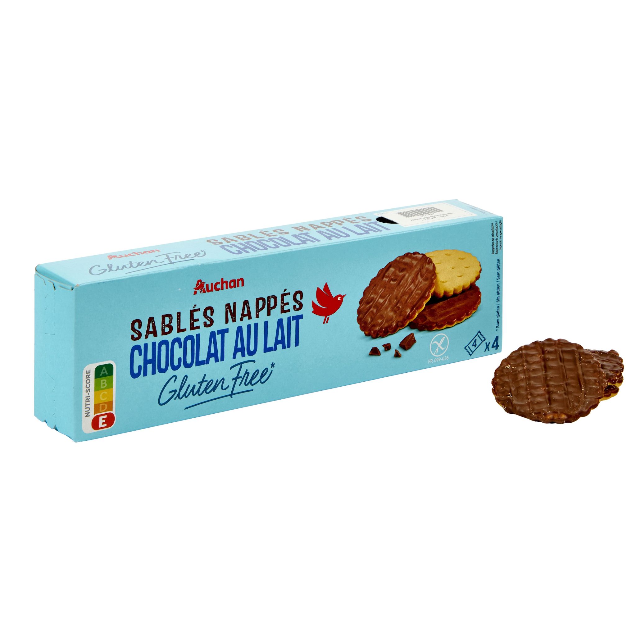 Voir la diapositive 3 : AUCHAN Biscuits sablés nappés chocolat au lait sans gluten 4x4 biscuits 150g