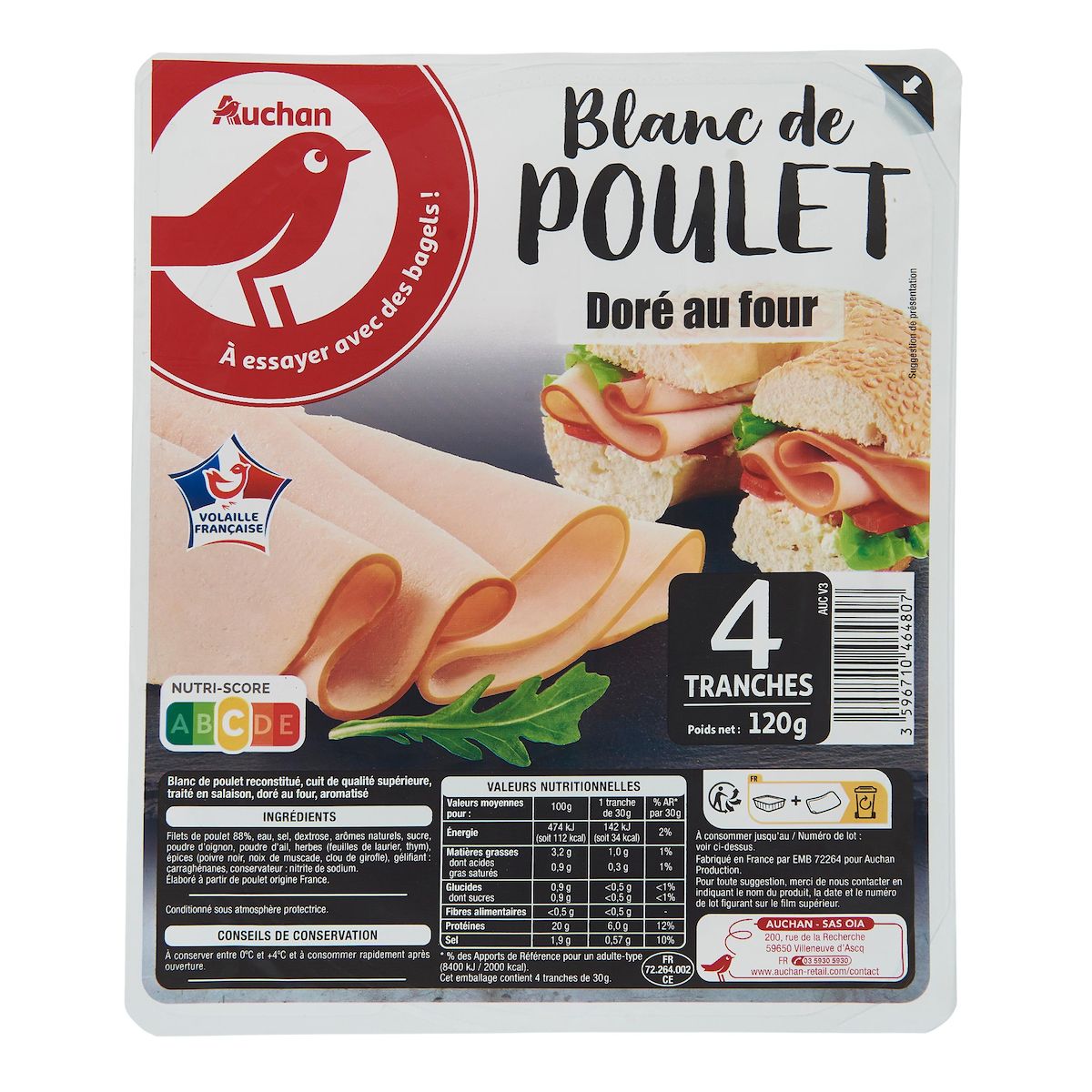 AUCHAN Blanc de poulet 4 tranches 120g