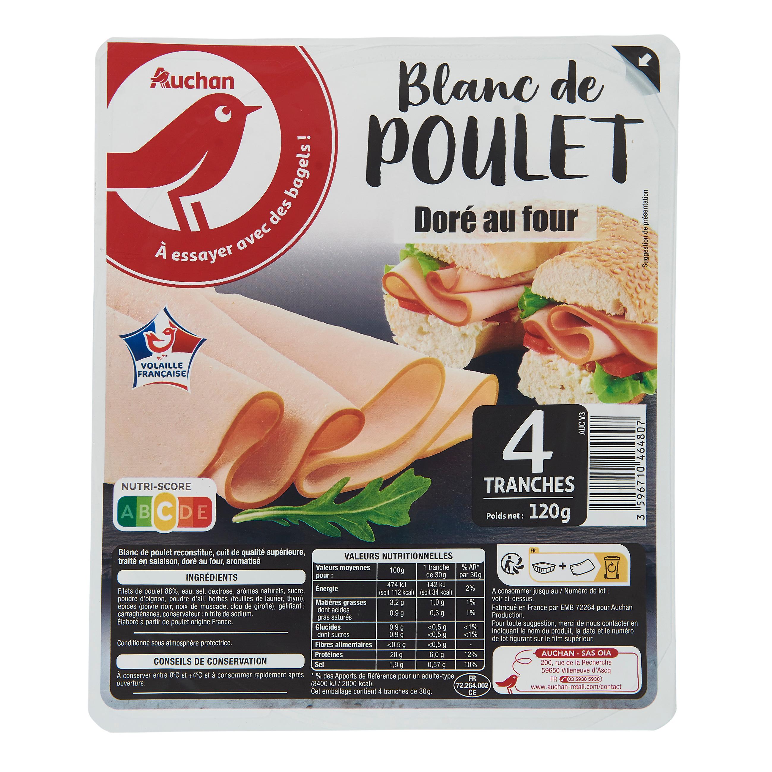 Voir la diapositive 3 : AUCHAN Blanc de poulet 4 tranches 120g