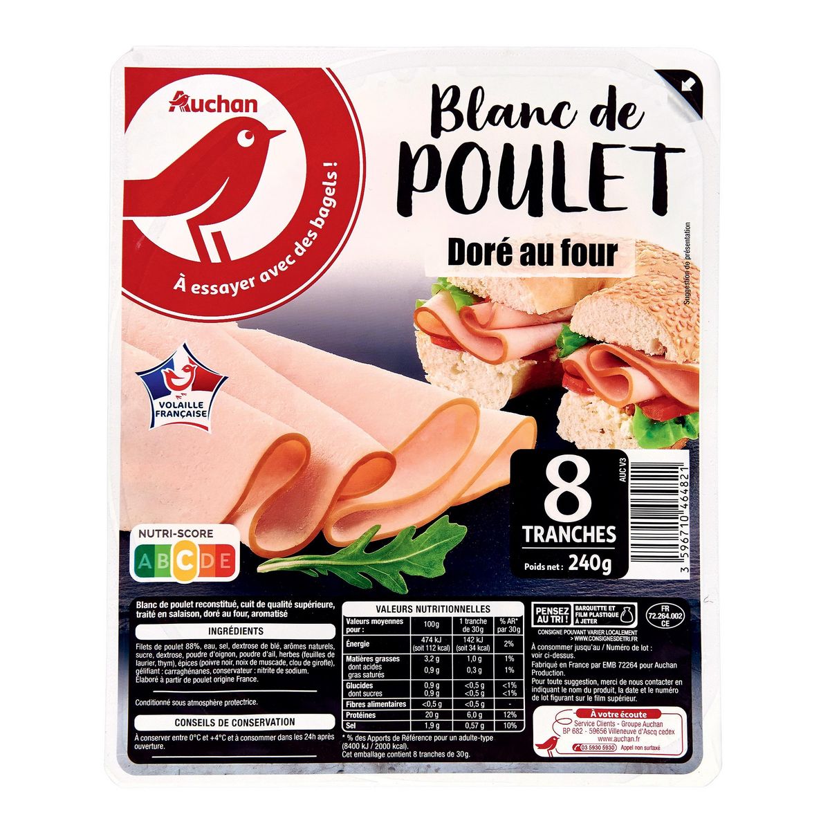 AUCHAN Blanc de poulet 8 tranches 240g
