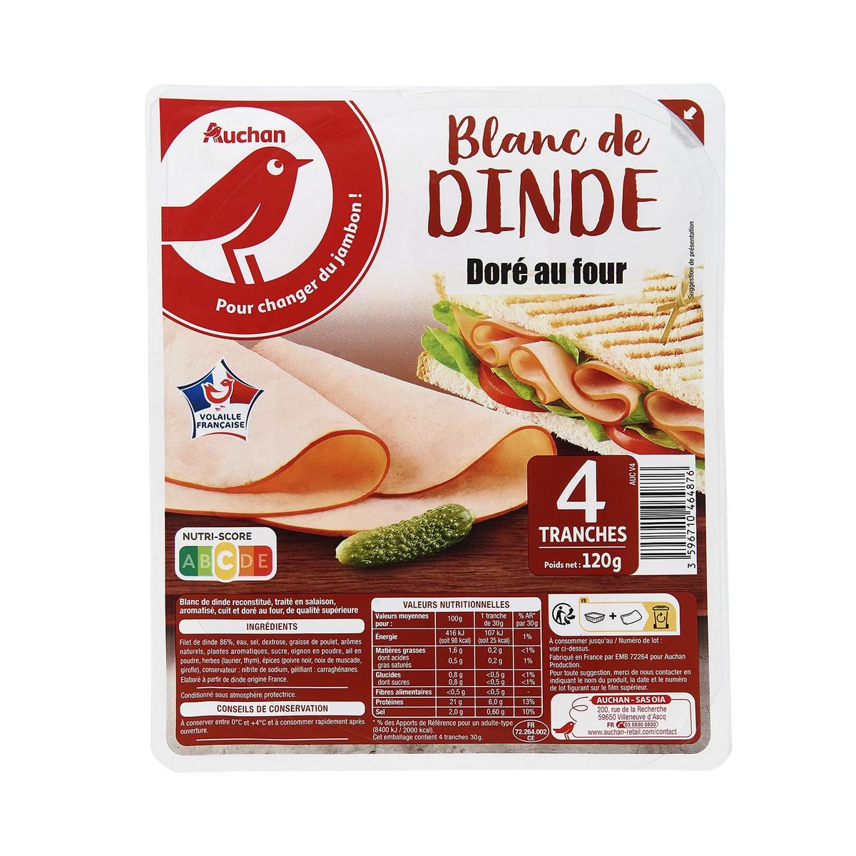 AUCHAN Blanc de dinde 4 tranches 120g