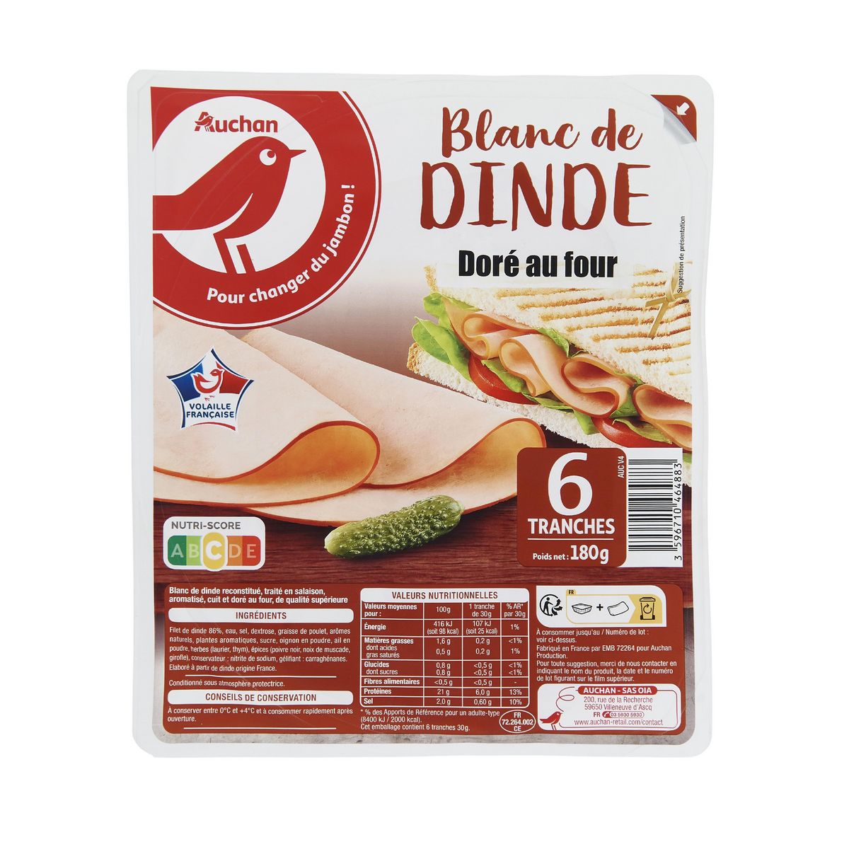 AUCHAN Blanc de dinde 6 tranches 180g