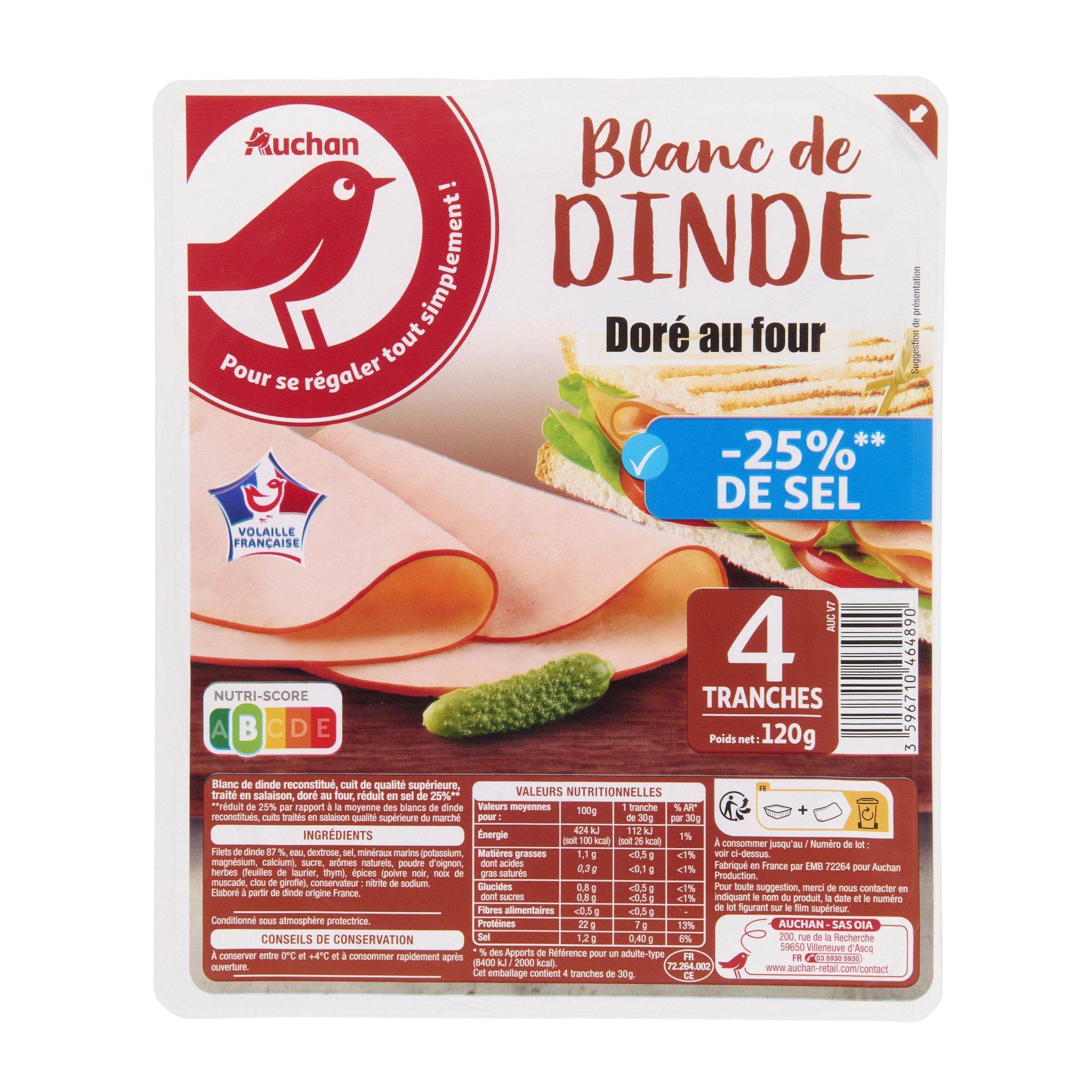 Voir la diapositive 2 : AUCHAN Blanc de dinde taux de sel réduit 4 tranches 120g