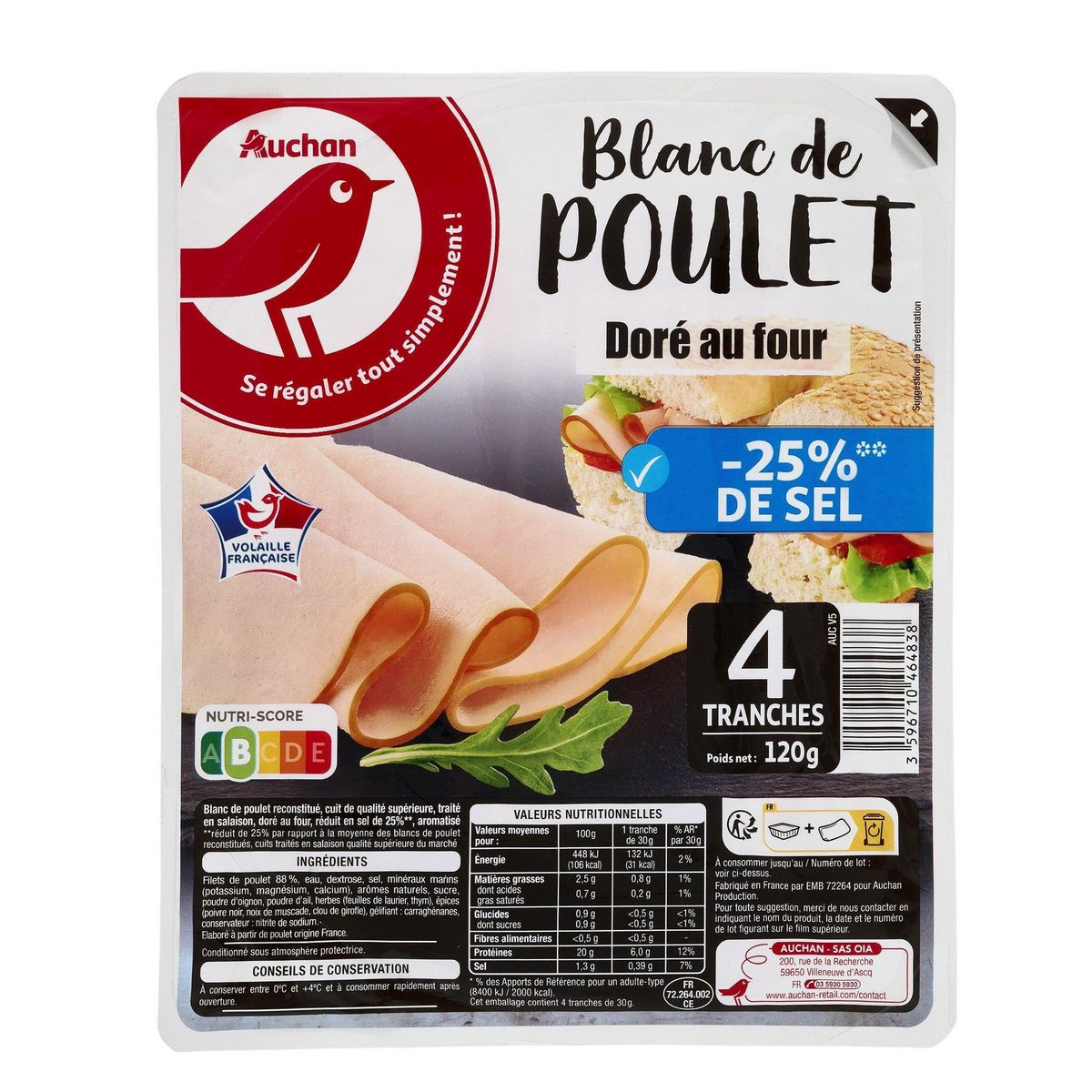 AUCHAN Blanc de poulet taux de sel réduit 4 tranches 120g