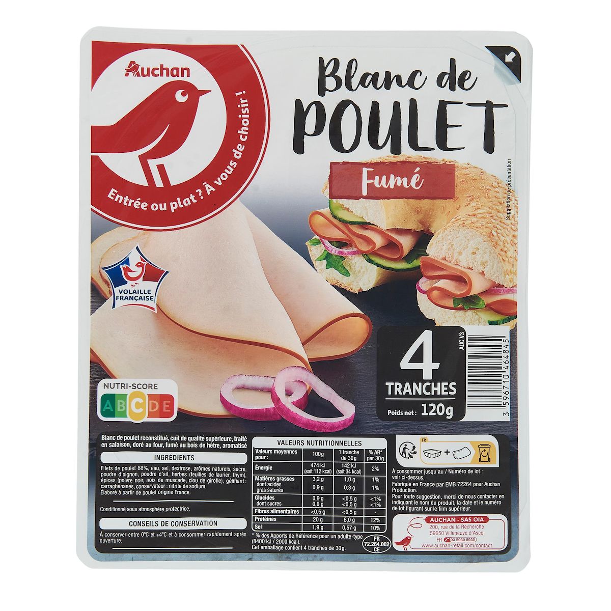 AUCHAN Blanc de poulet fumé 4 tranches 120g