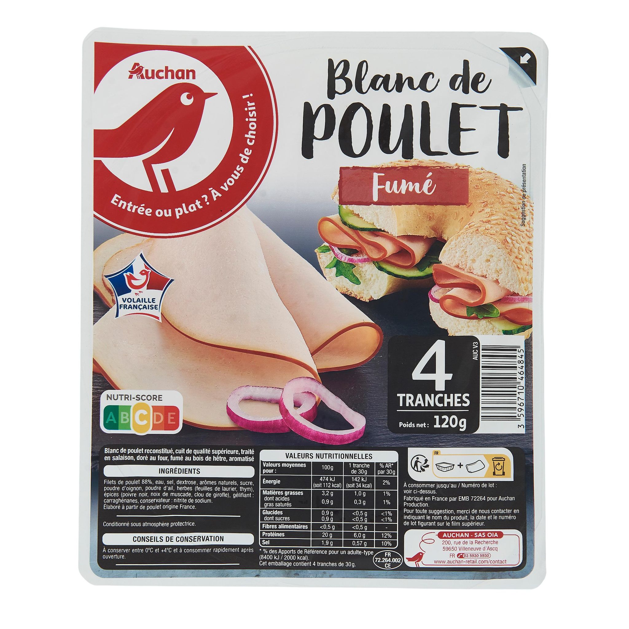 Voir la diapositive 2 : AUCHAN Blanc de poulet fumé 4 tranches 120g