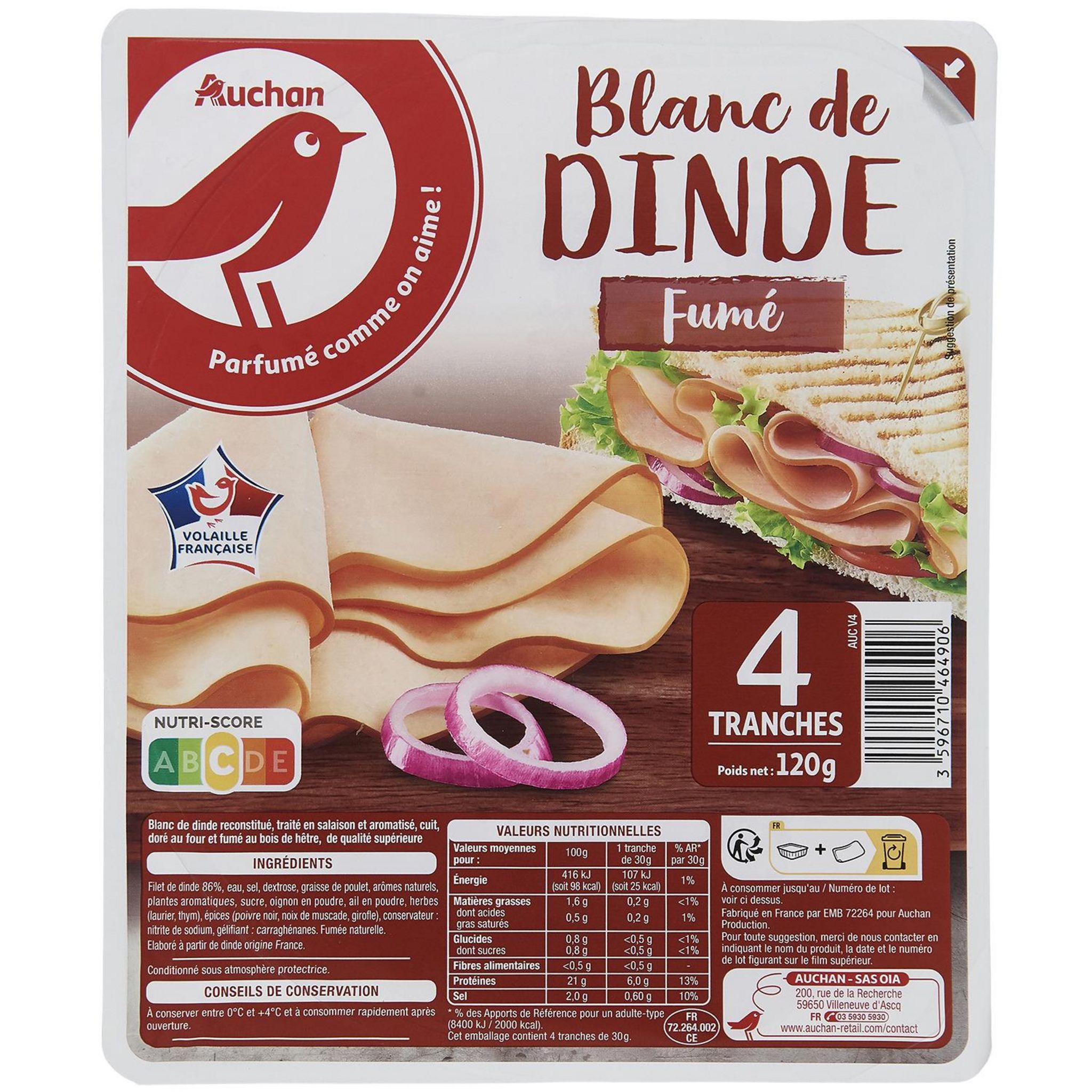 Voir la diapositive 1 : AUCHAN Blanc de dinde fumé 4 tranches 120g