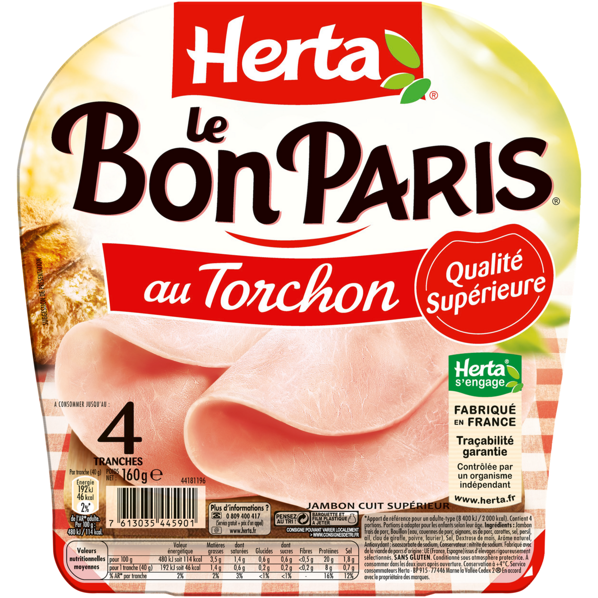 HERTA Le Bon Paris jambon cuit au torchon 4 tranches 160g