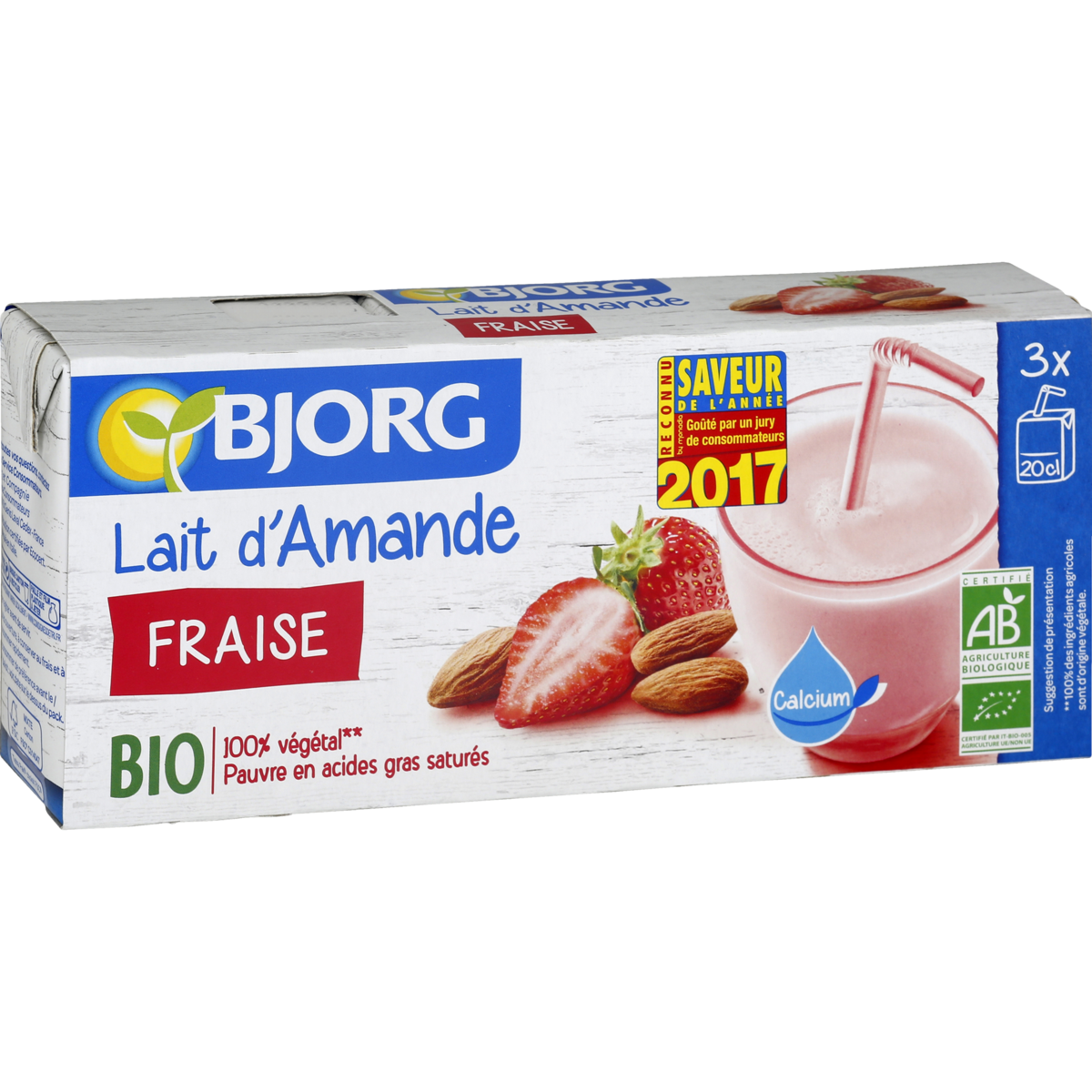 BJORG Lait d'amande fraise bio en briquettes 3x20cl