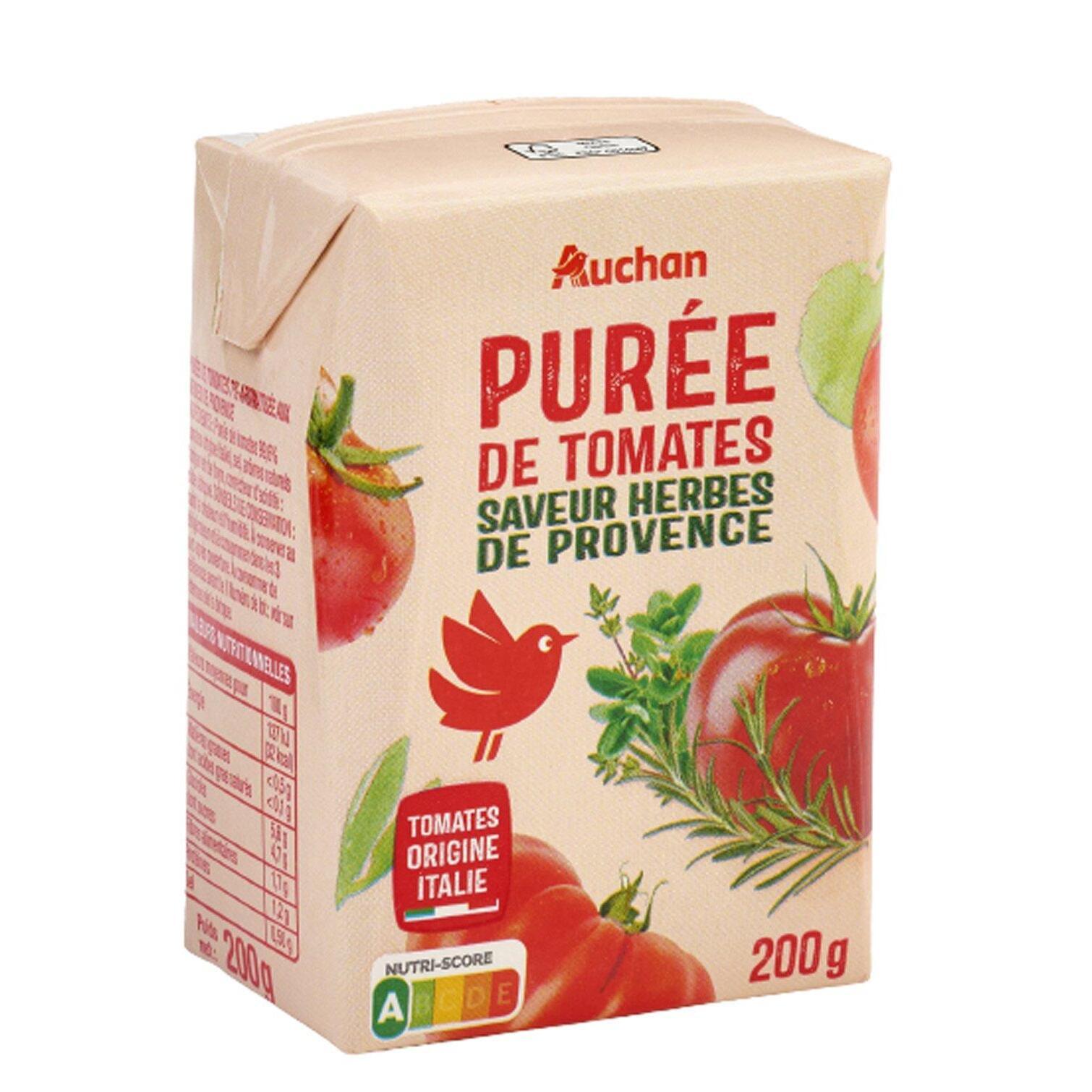 Voir la diapositive 2 : AUCHAN Purée de tomates saveur herbes de Provence en brique 200g