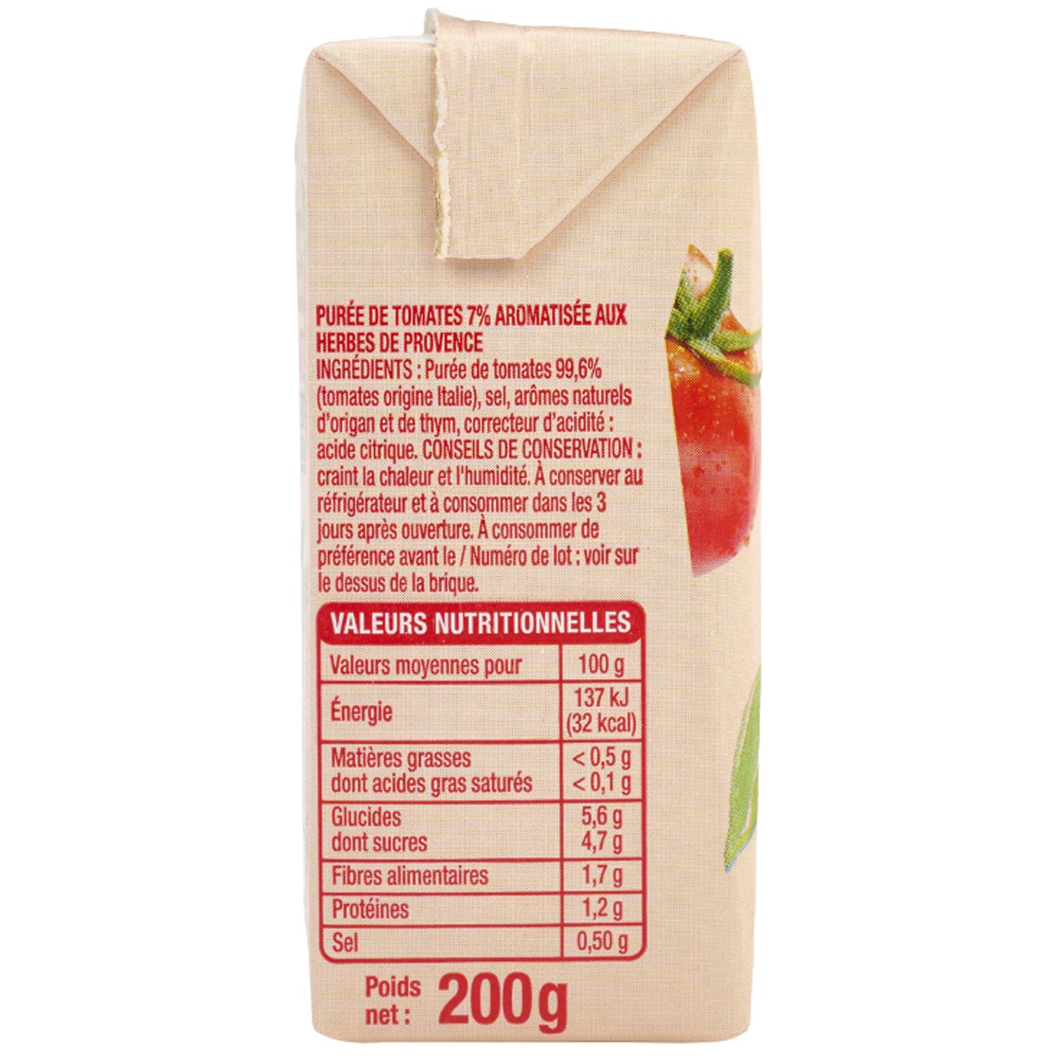 Voir la diapositive 4 : AUCHAN Purée de tomates saveur herbes de Provence en brique 200g