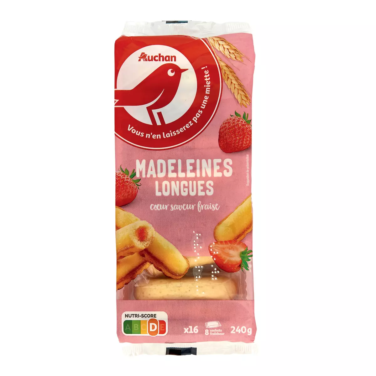 AUCHAN Madeleines longues fourrées à la fraise 16 madeleines 240g