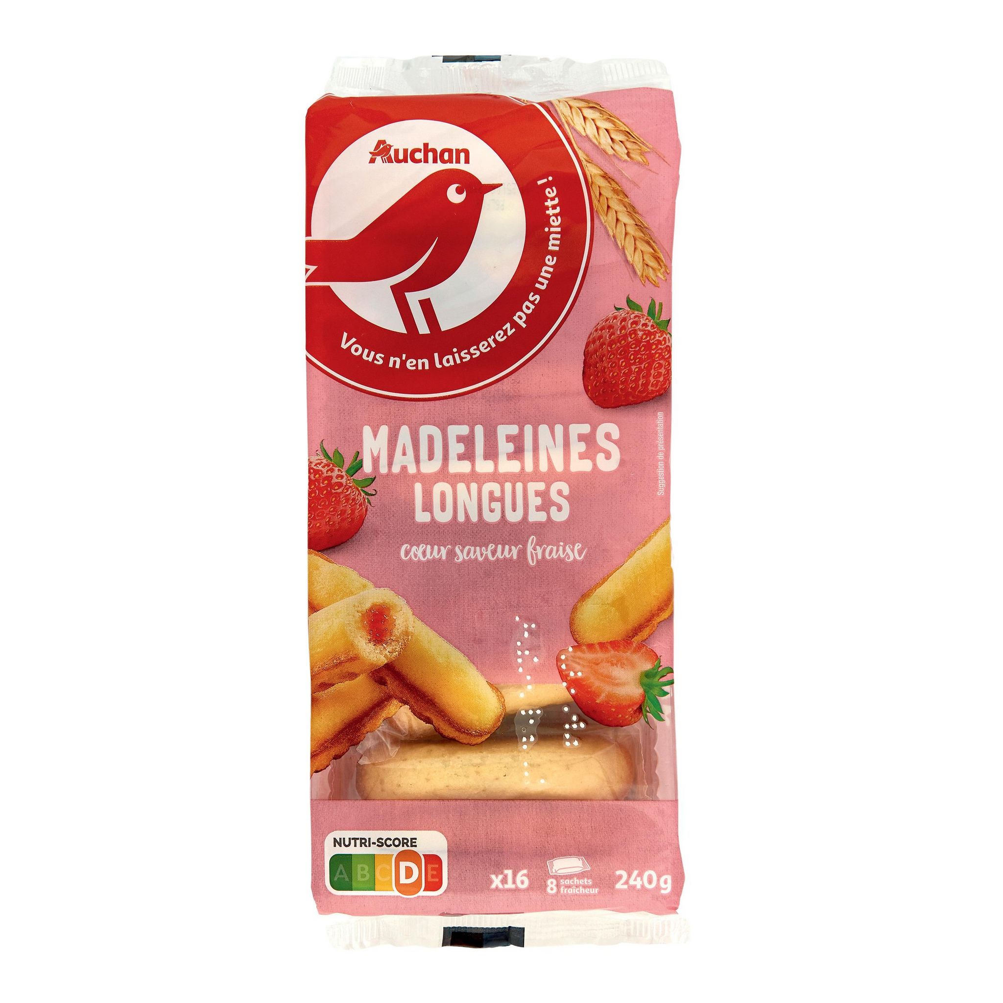 Voir la diapositive 2 : AUCHAN Madeleines longues fourrées à la fraise 16 madeleines 240g