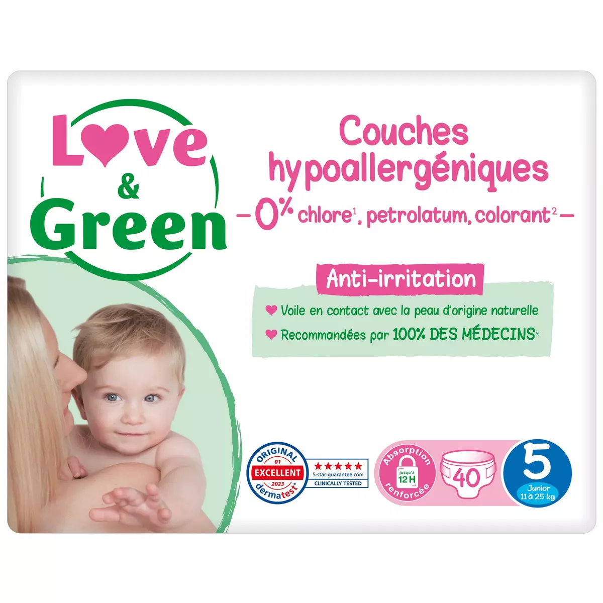 Love And Green - Couches Bébé Hypoallergéniques 0% - Taille 5 (11-25 kg)