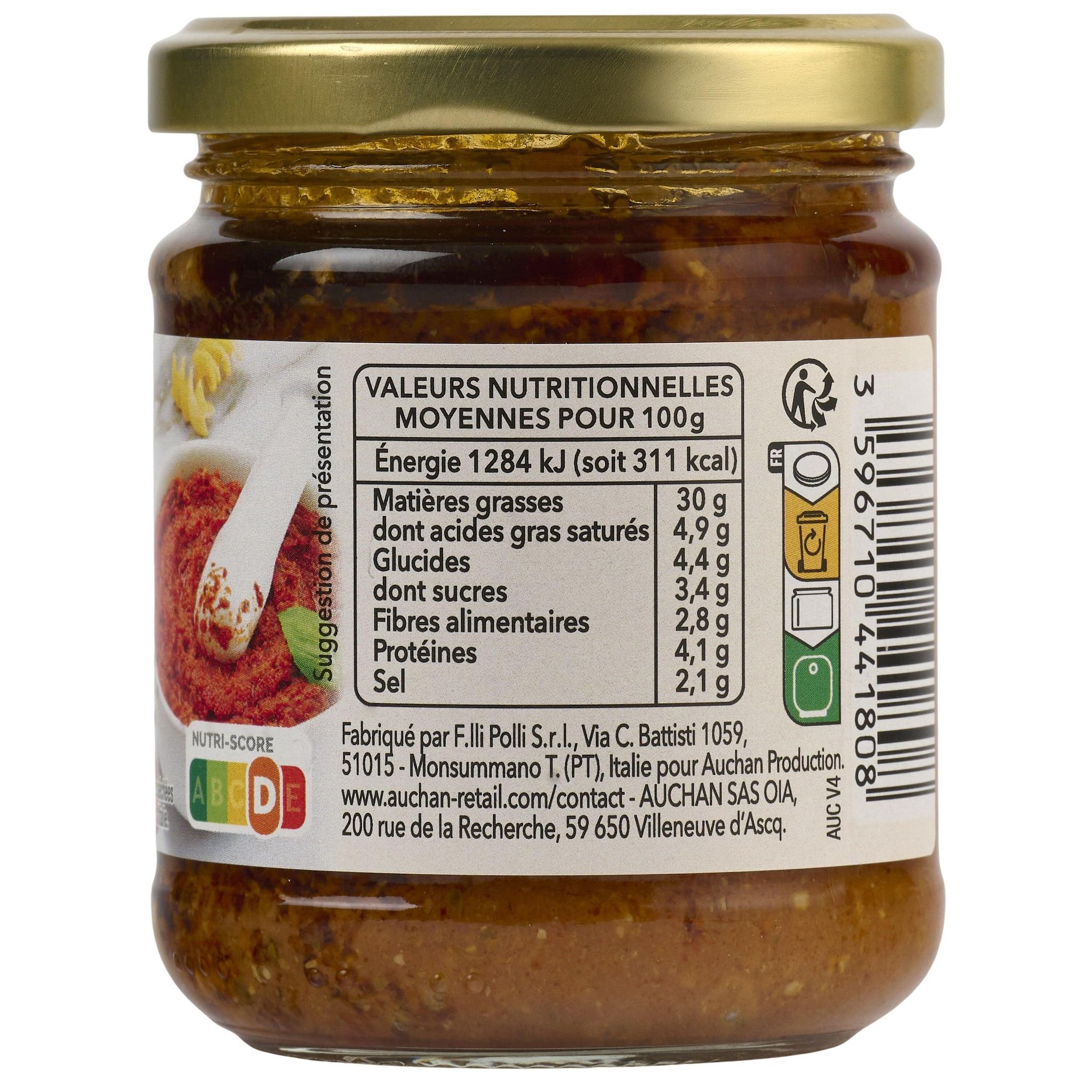 Voir la diapositive 3 : AUCHAN TAVOLA IN ITALIA Sauce pesto rosso en bocal 185g