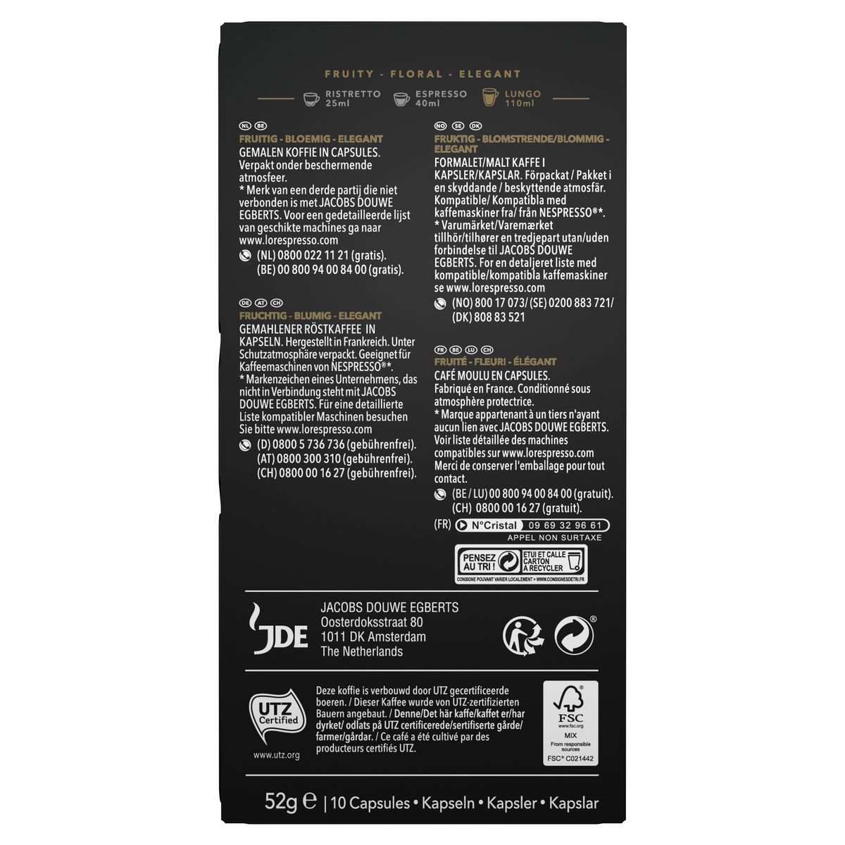 L'OR ESPRESSO Capsules de café lungo elegante compatibles Nespresso 10 capsules 52g