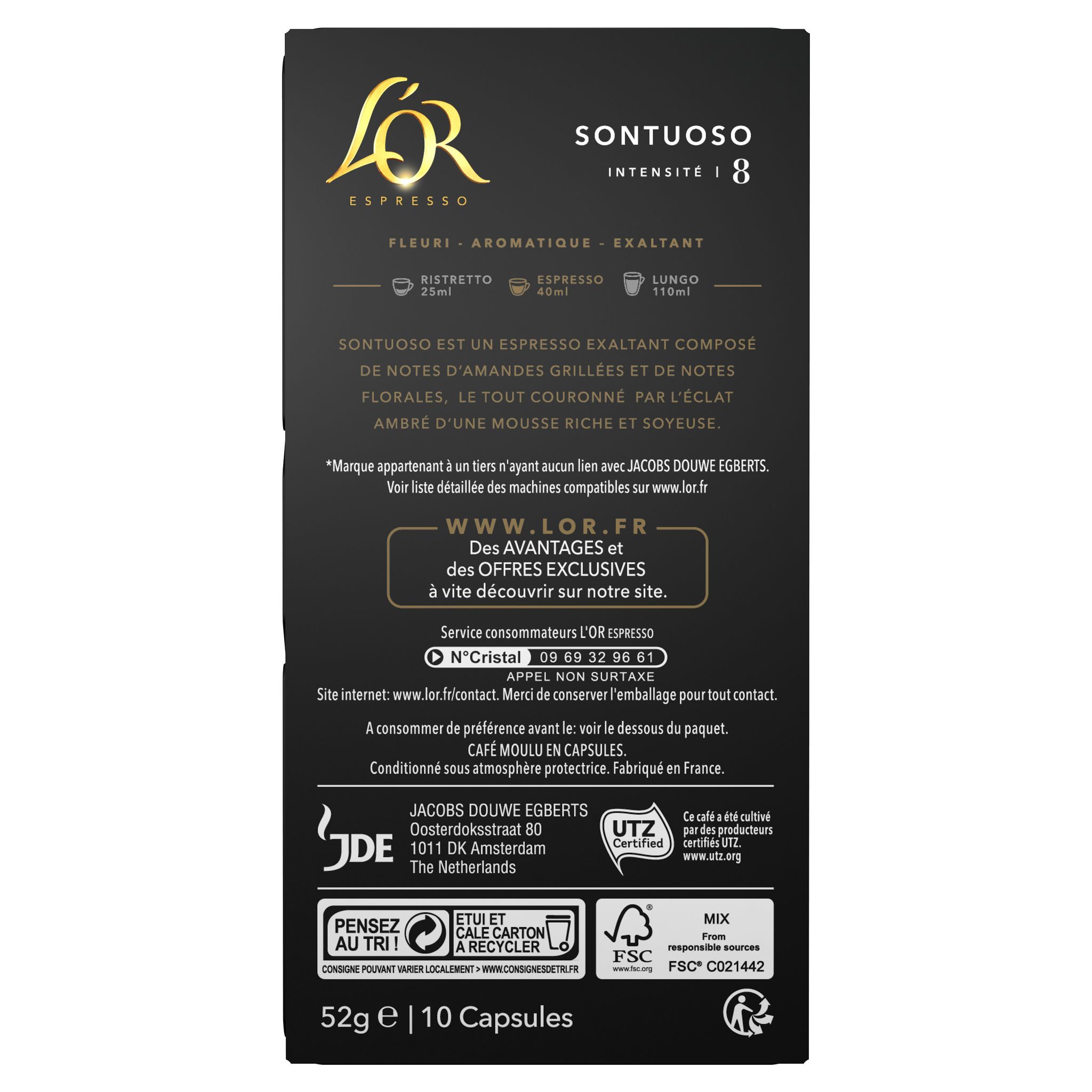 Voir la diapositive 2 : L'OR ESPRESSO Capsules de café sontuoso intensité 8 compatibles Nespresso 10 capsules 52g