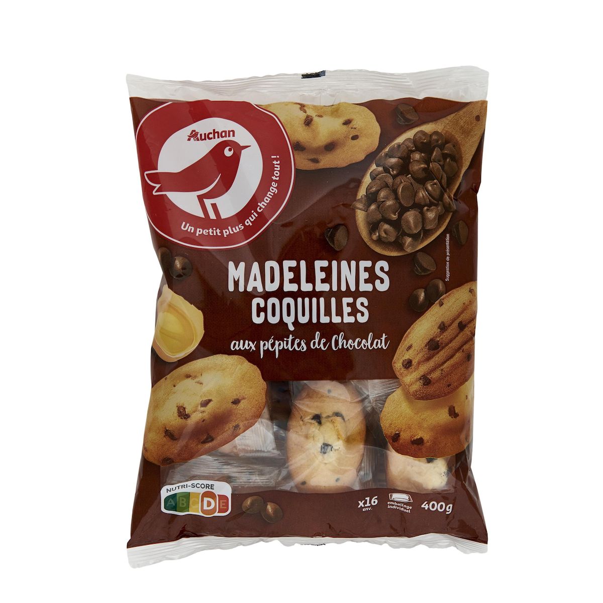 AUCHAN Madeleines coquilles aux pépites de chocolat sachets individuels 16 madeleines 400g