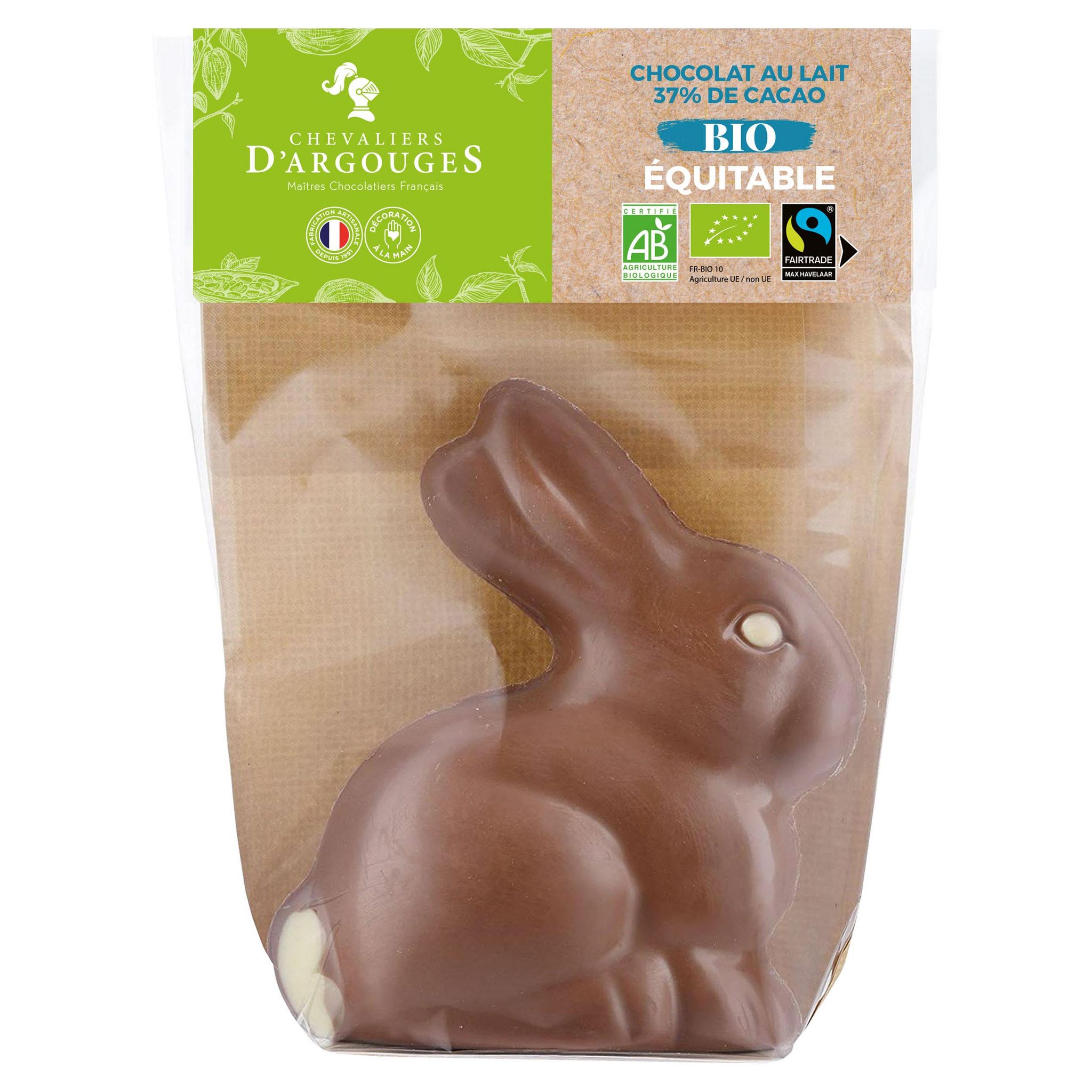 CHEVALIERS D'ARGOUGES Lapin de pâques bio chocolat au lait 37% de cacao équitable 70g