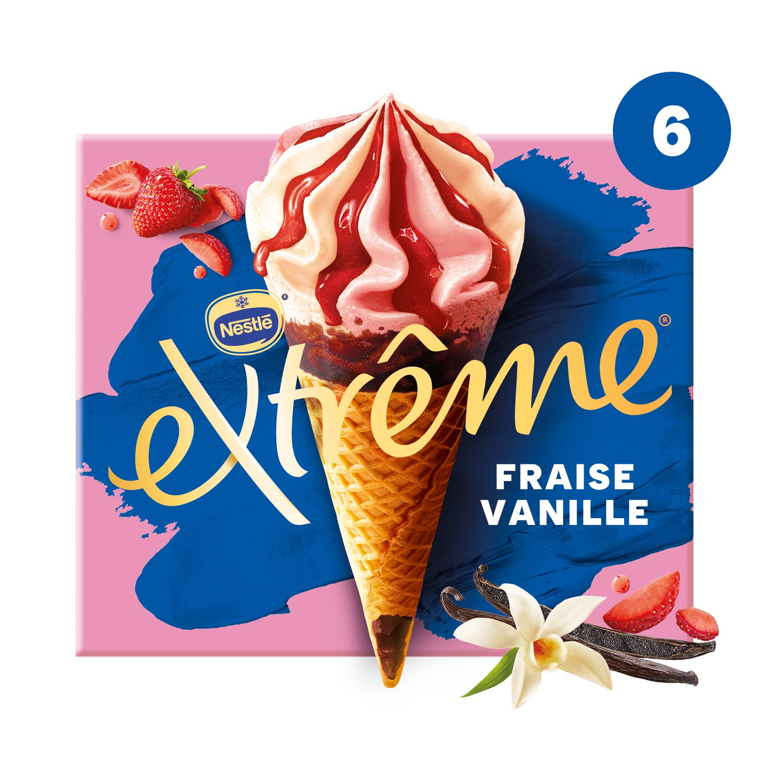 Voir la diapositive 2 : EXTREME Cônes glacés à la fraise et vanille 6 pièces 426g