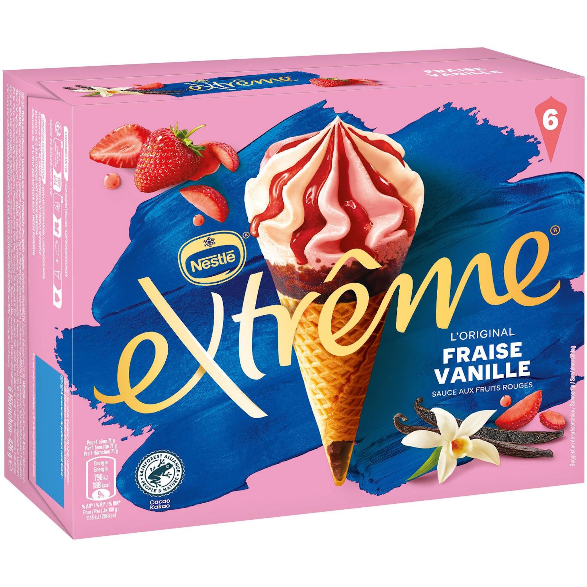 Voir la diapositive 2 : EXTREME Cônes glacés à la fraise et vanille 6 pièces 426g