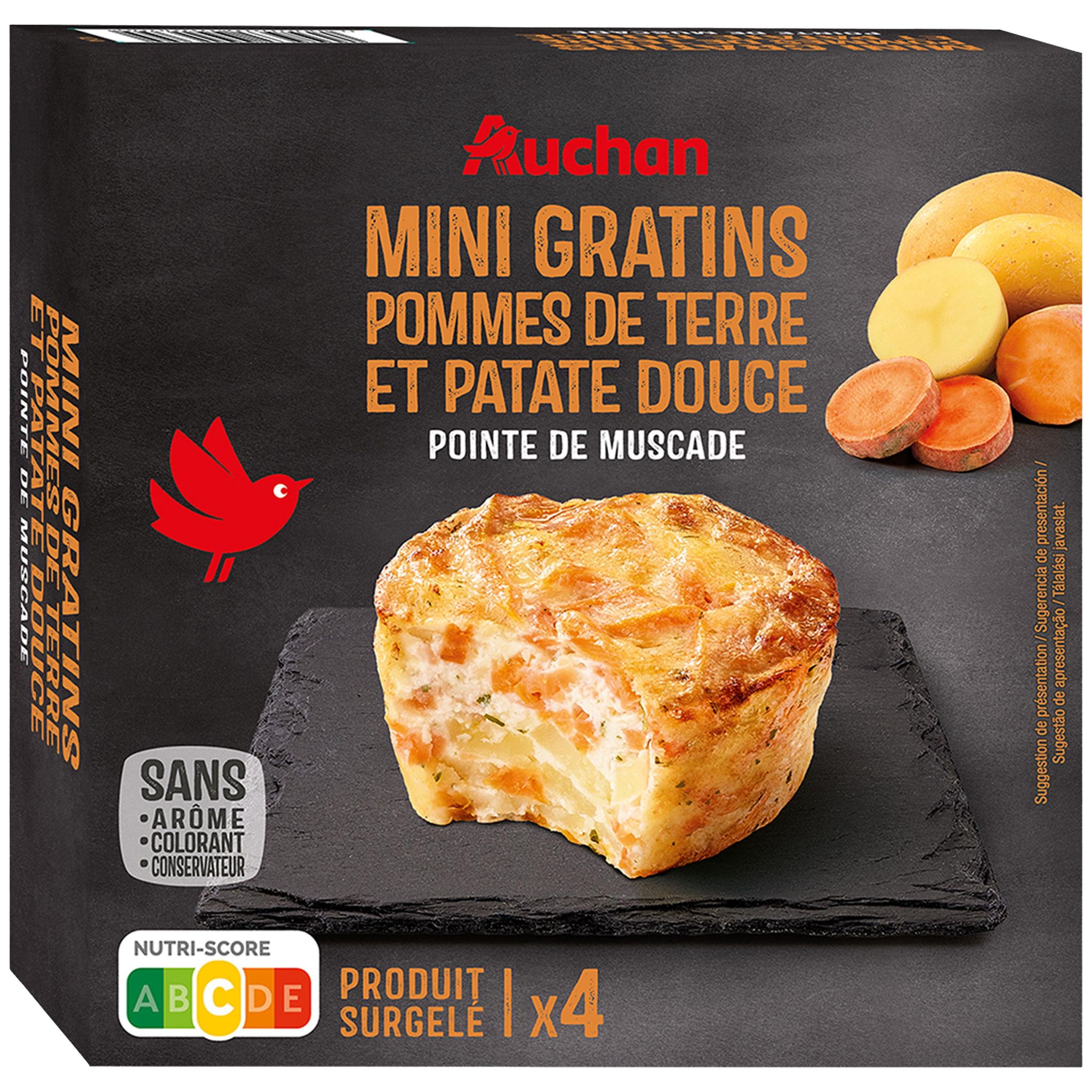 Voir la diapositive 2 : AUCHAN Mini gratins pommes de terre patate douce crème fraîche et muscade 4 pièces 480g