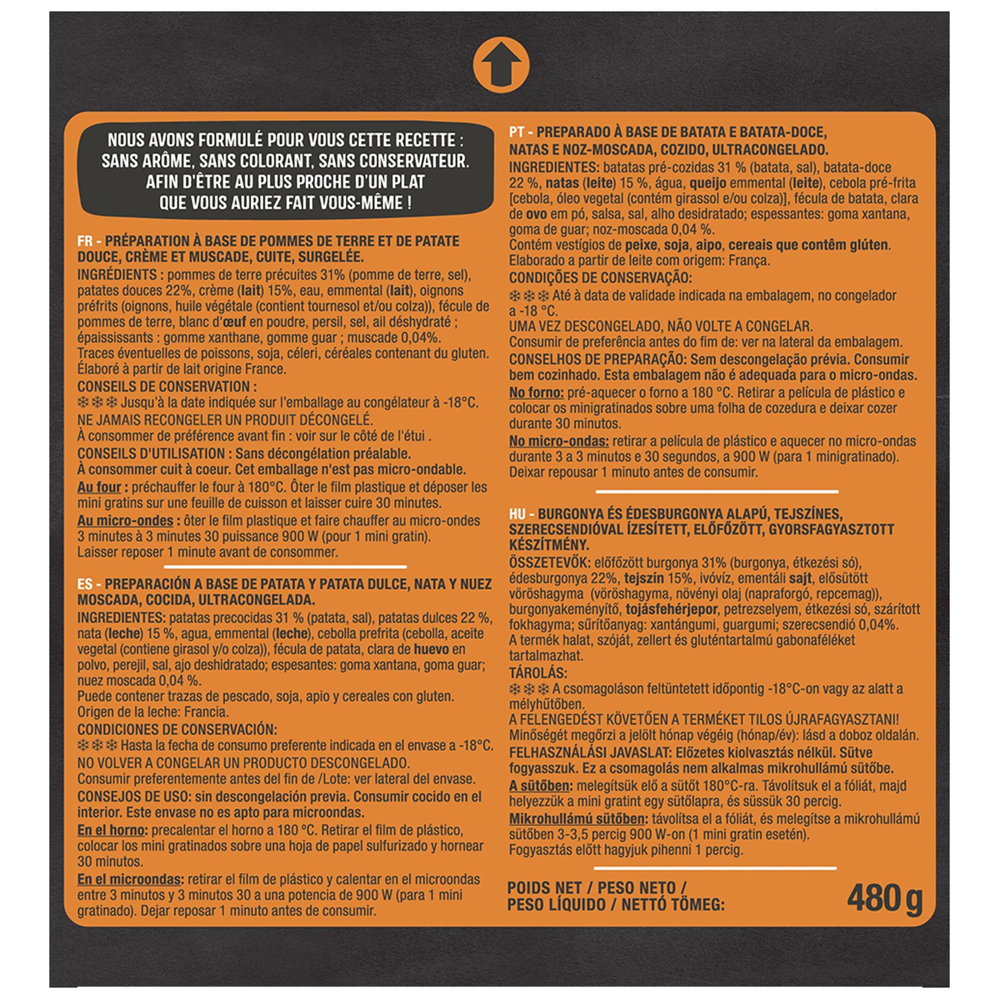 Voir la diapositive 4 : AUCHAN Mini gratins pommes de terre patate douce crème fraîche et muscade 4 pièces 480g